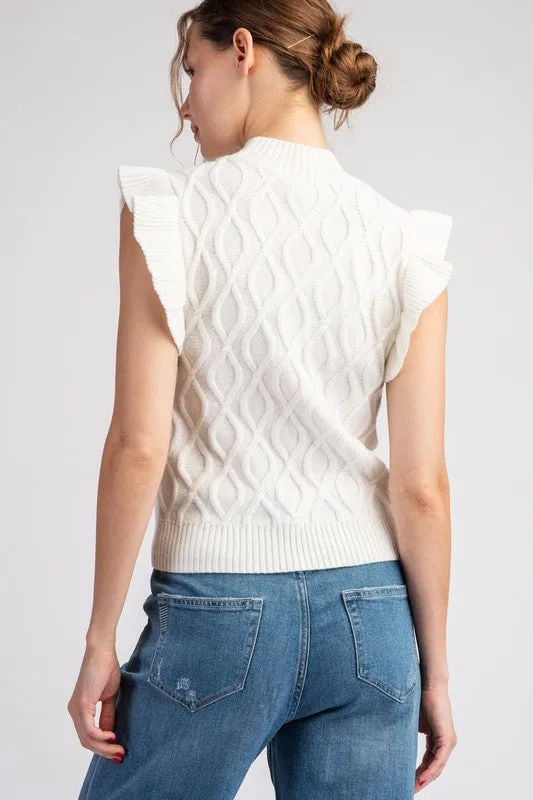 Ruffle Sleeve Cable Mock Neck