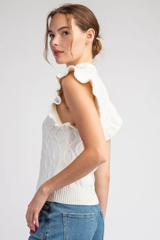 Ruffle Sleeve Cable Mock Neck