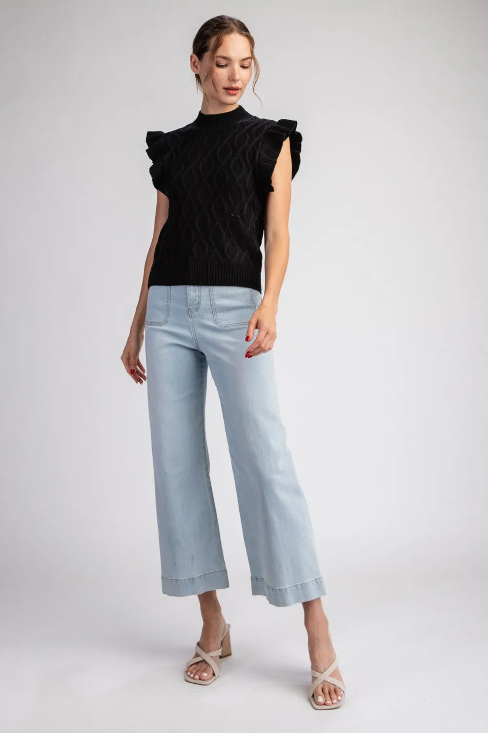 RUFFLE SLEEVE TEXTURED SWEATER TOP SK11220
