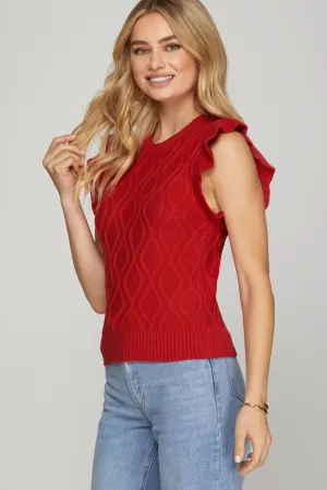 RUFFLED SLEEVE CABLE KNIT SWEATER