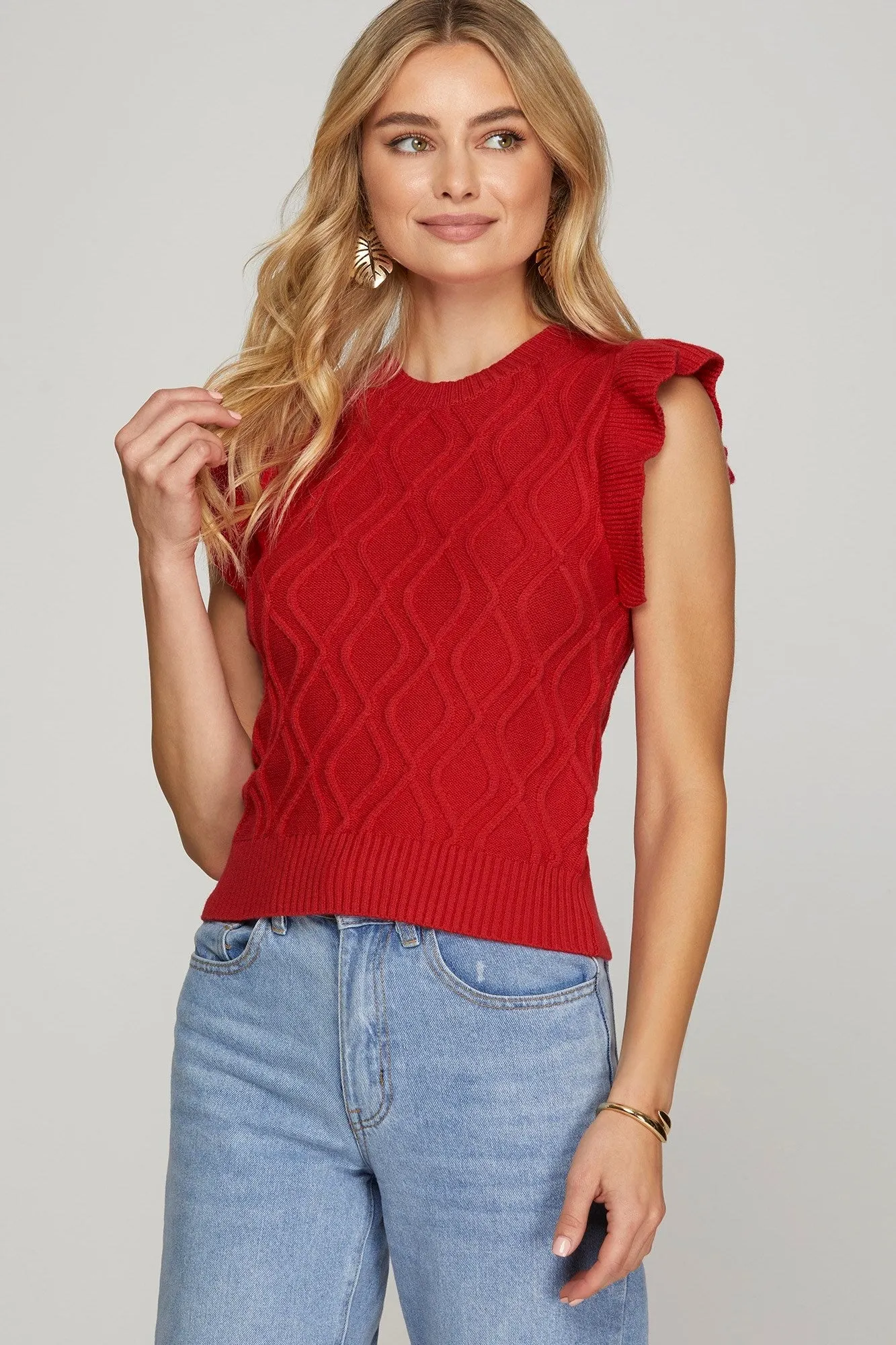 RUFFLED SLEEVE CABLE KNIT SWEATER