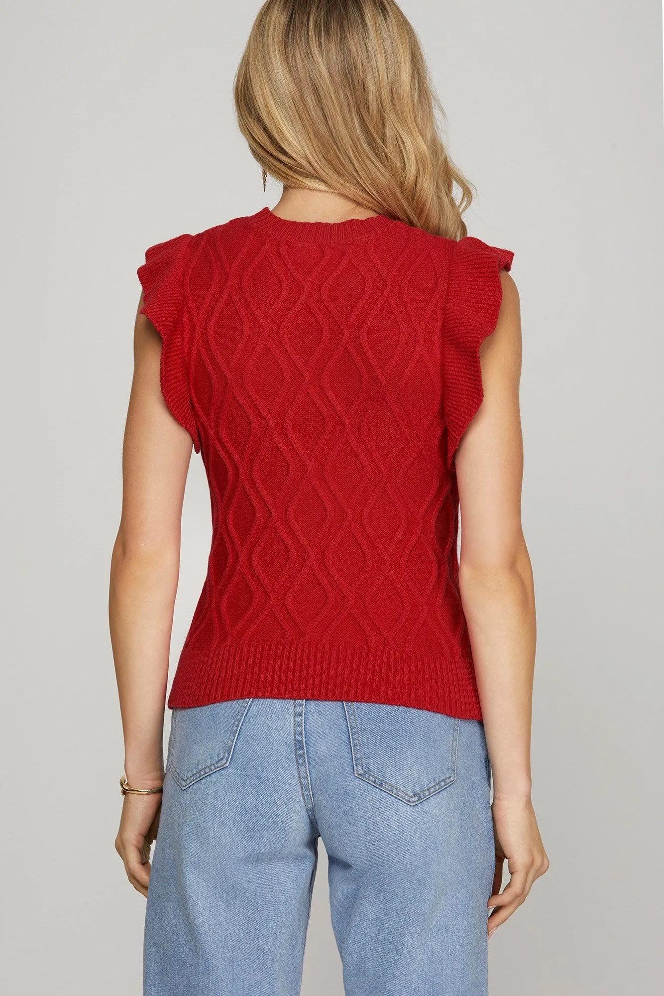 RUFFLED SLEEVE CABLE KNIT SWEATER