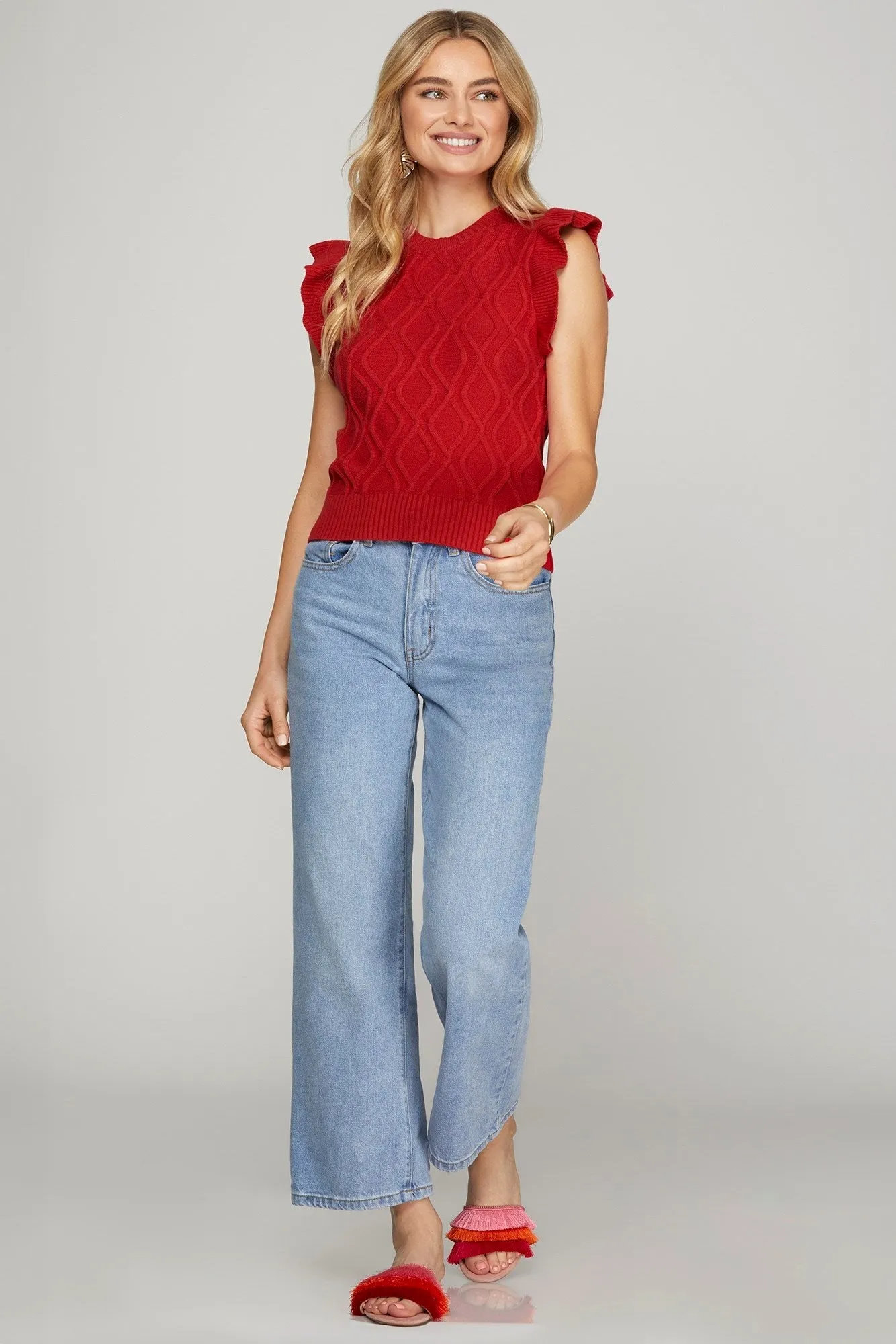 RUFFLED SLEEVE CABLE KNIT SWEATER