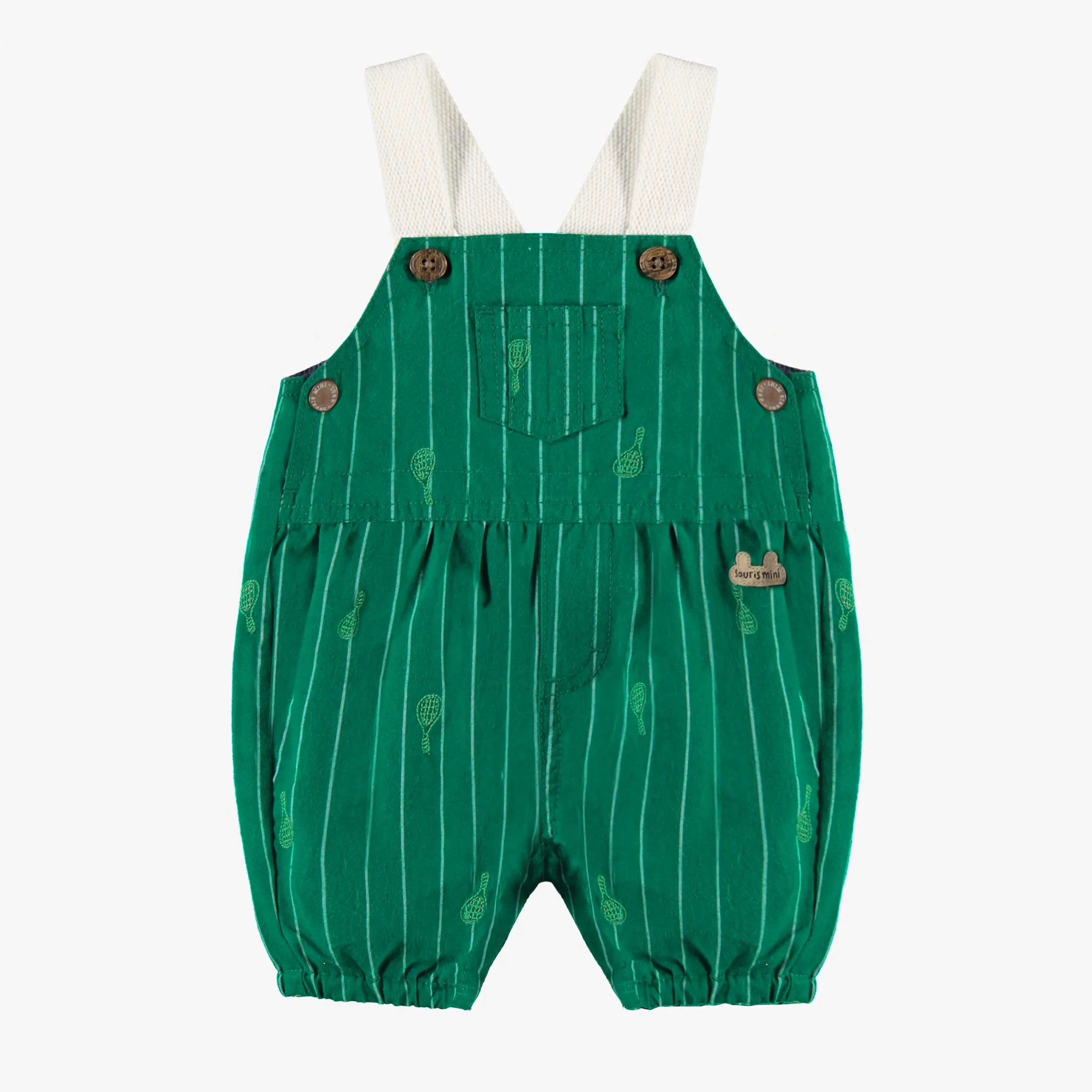 Salopette verte à rayures et motifs, naissance || Green overalls with stripes and all over print, newborn