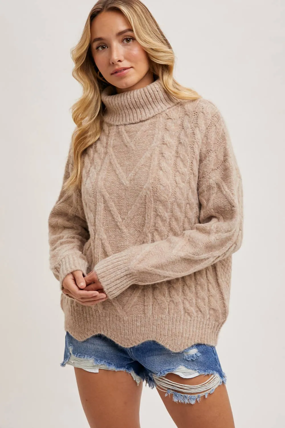 Scallop Hem Turtleneck Sweater