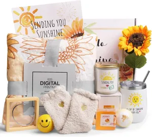 Sending Sunshine Care Package: 10-Piece Sunflower Gift Set for Women with Inspirational Blanket, Candle, and More