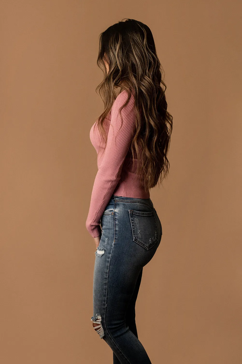 Show Me The Way Ribbed Sweater Top (Rosy Mauve)