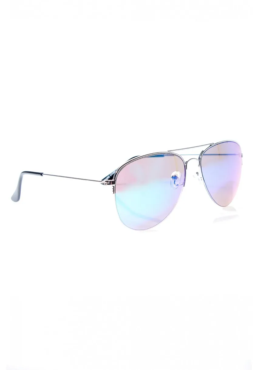 Silver Framed Aviator Sunglasses with Blue Mirrored Lenses