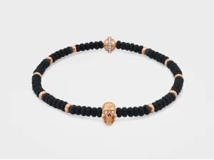 Skull Bracelet in 18K Gold with Black Faceted Agate and Gold Beads