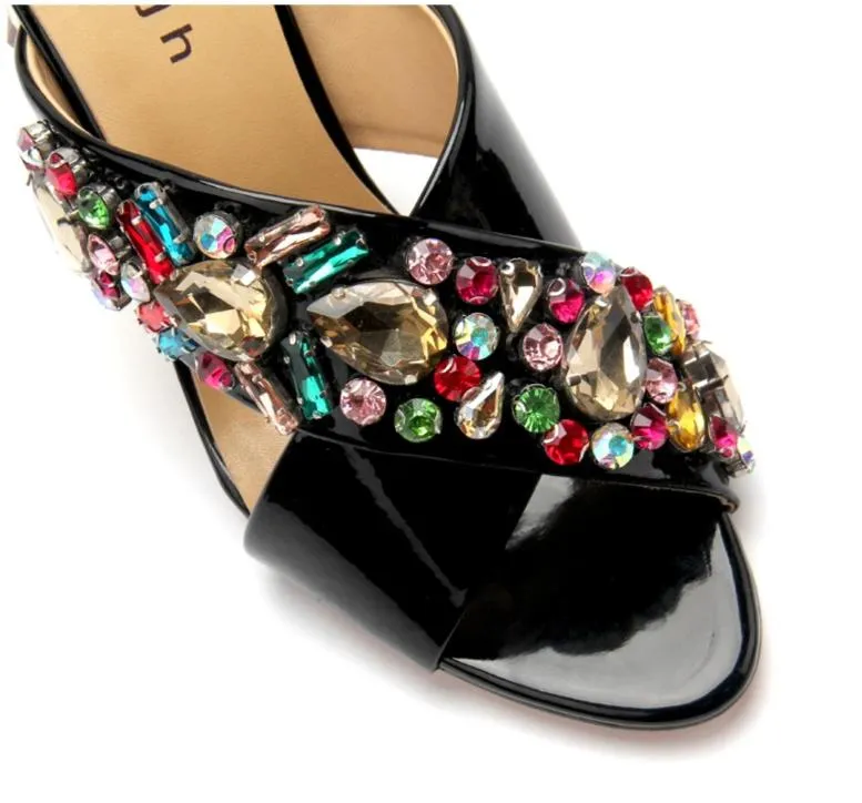 Slippers Women Shoes Summer High heels luxury Sandals  Brand Designer wedding Black Rhinestone Sandals open toe Shoes Woman