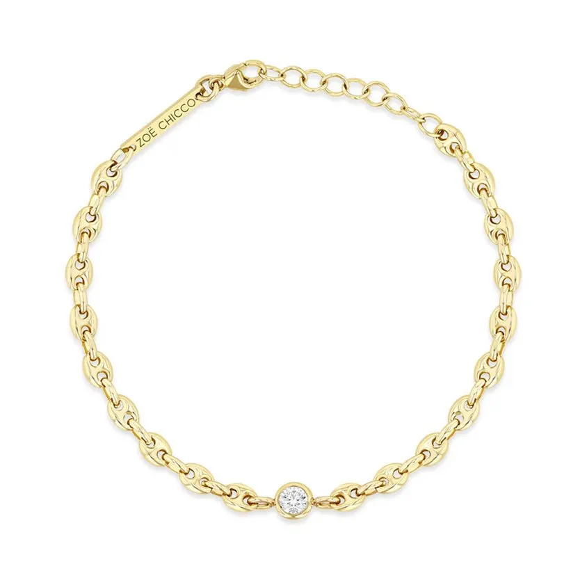 Small Puffed Mariner Chain Bracelet with Center Diamond