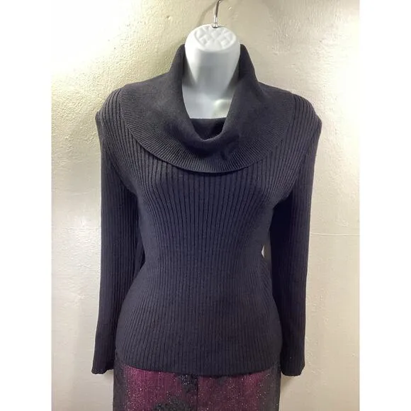 ST. JOHN COLLECTION Black Ribbed Cowl Neck Wool Blend Sweater Top 8 Classic Y2K