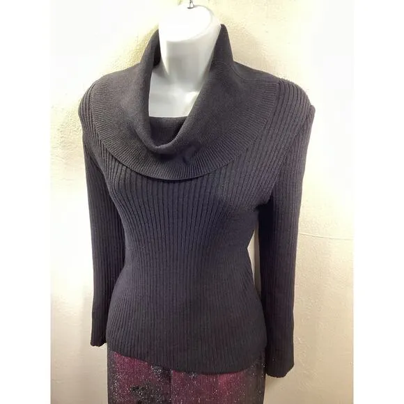 ST. JOHN COLLECTION Black Ribbed Cowl Neck Wool Blend Sweater Top 8 Classic Y2K