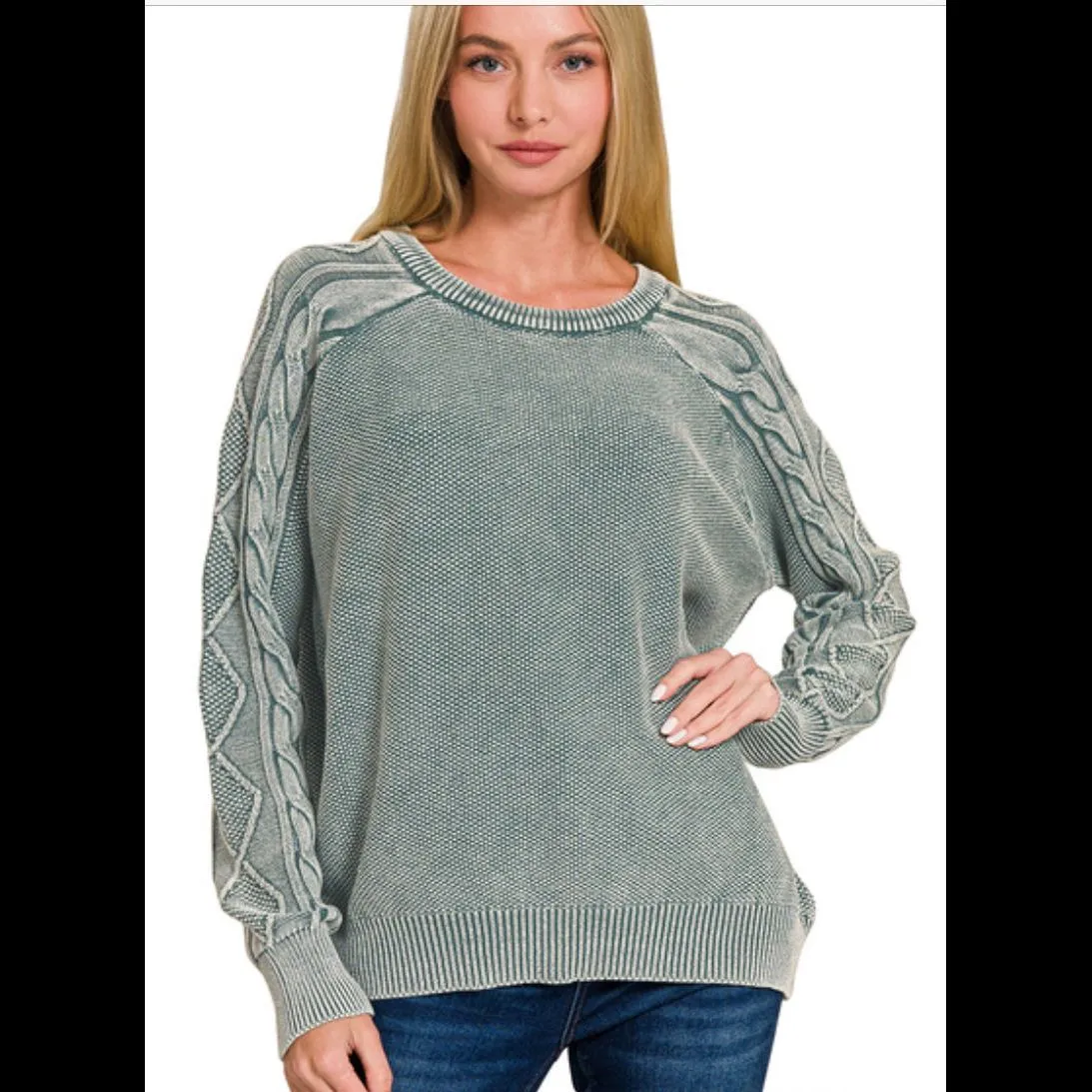 Stonewashed Cable Sleeve Crewneck Sweater in Ash Jade
