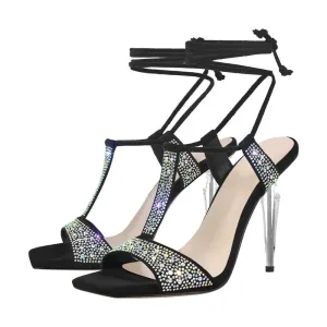 Summer Women Rhinestone Thin High Classic Fashion Party Dress Female Metal Heels Sandals