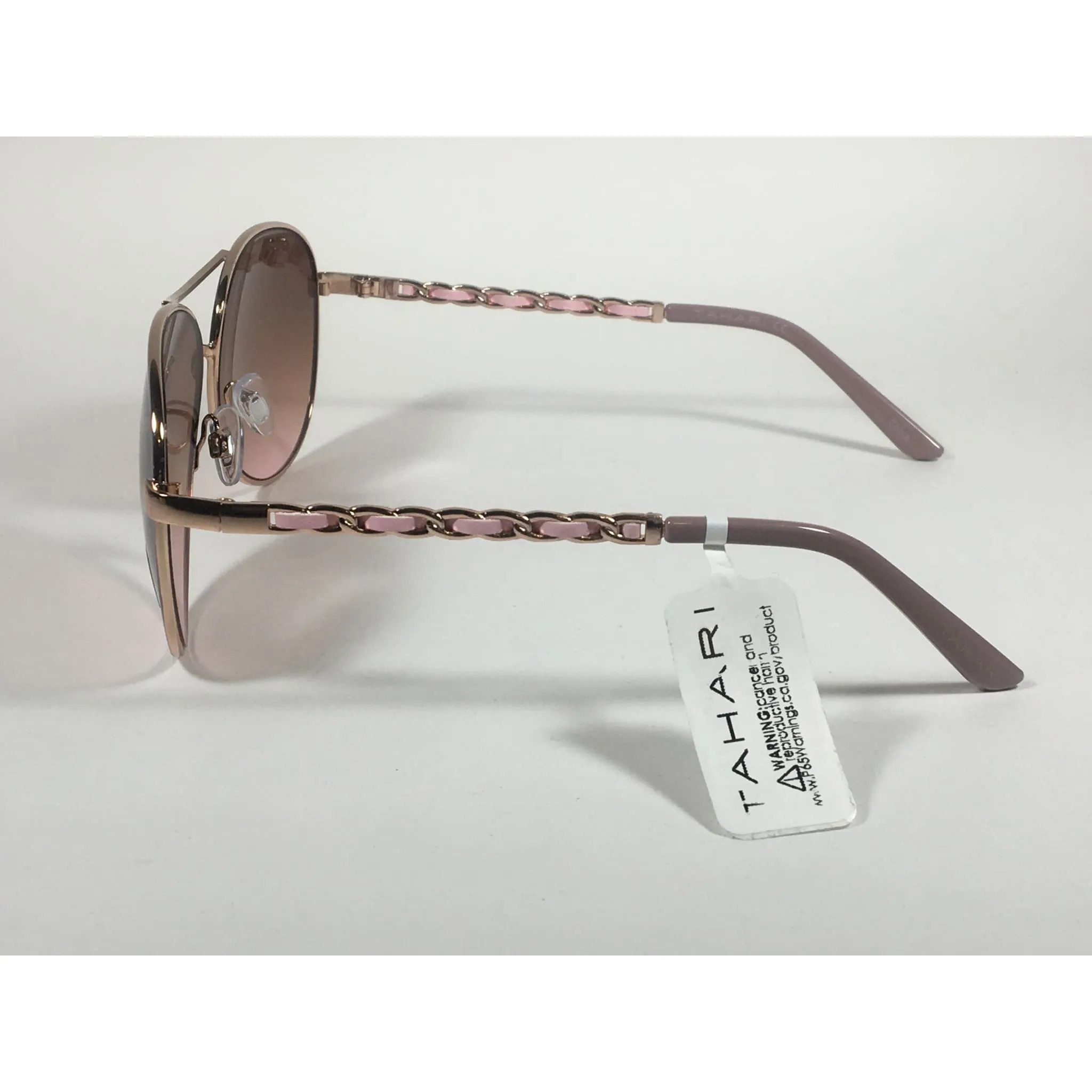 Tahari Aviator Sunglasses Rose Gold Nude And Pink Leather Chord Brown Gradient Lens TH649 RGDBL