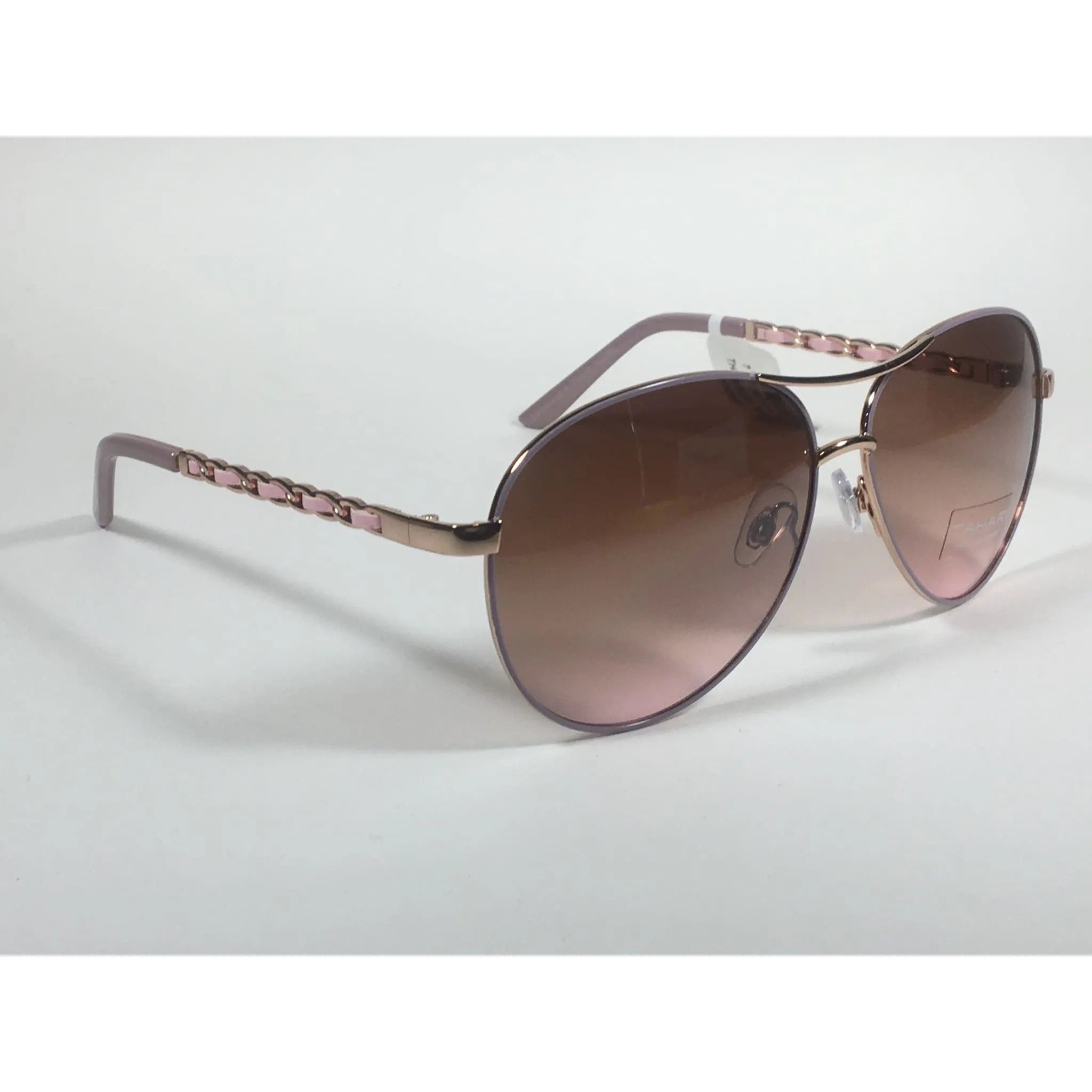 Tahari Aviator Sunglasses Rose Gold Nude And Pink Leather Chord Brown Gradient Lens TH649 RGDBL