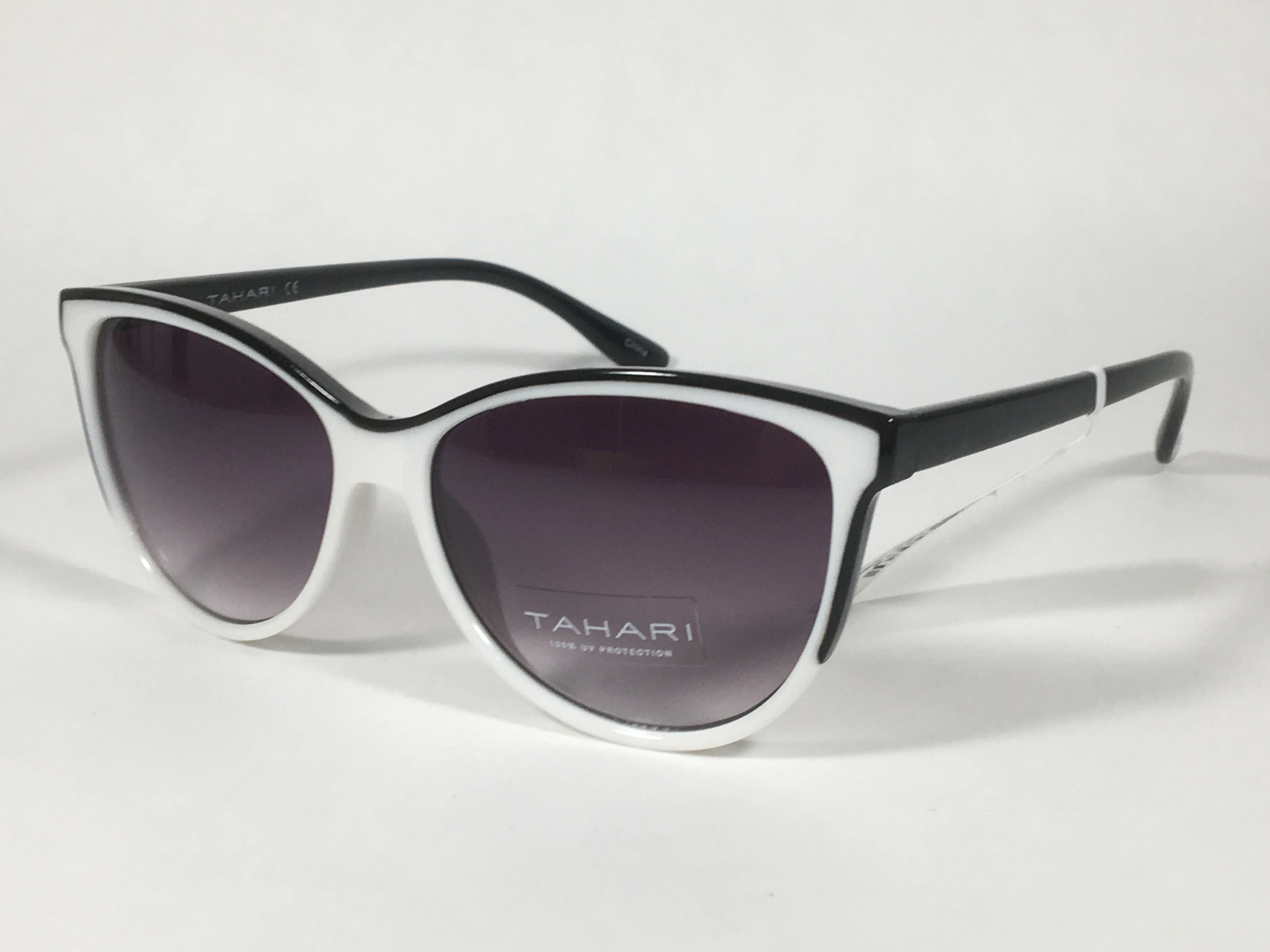 Tahari Cat Eye Sunglasses Two Tone Black White Smoke Gradient Lens TH777 WHOX