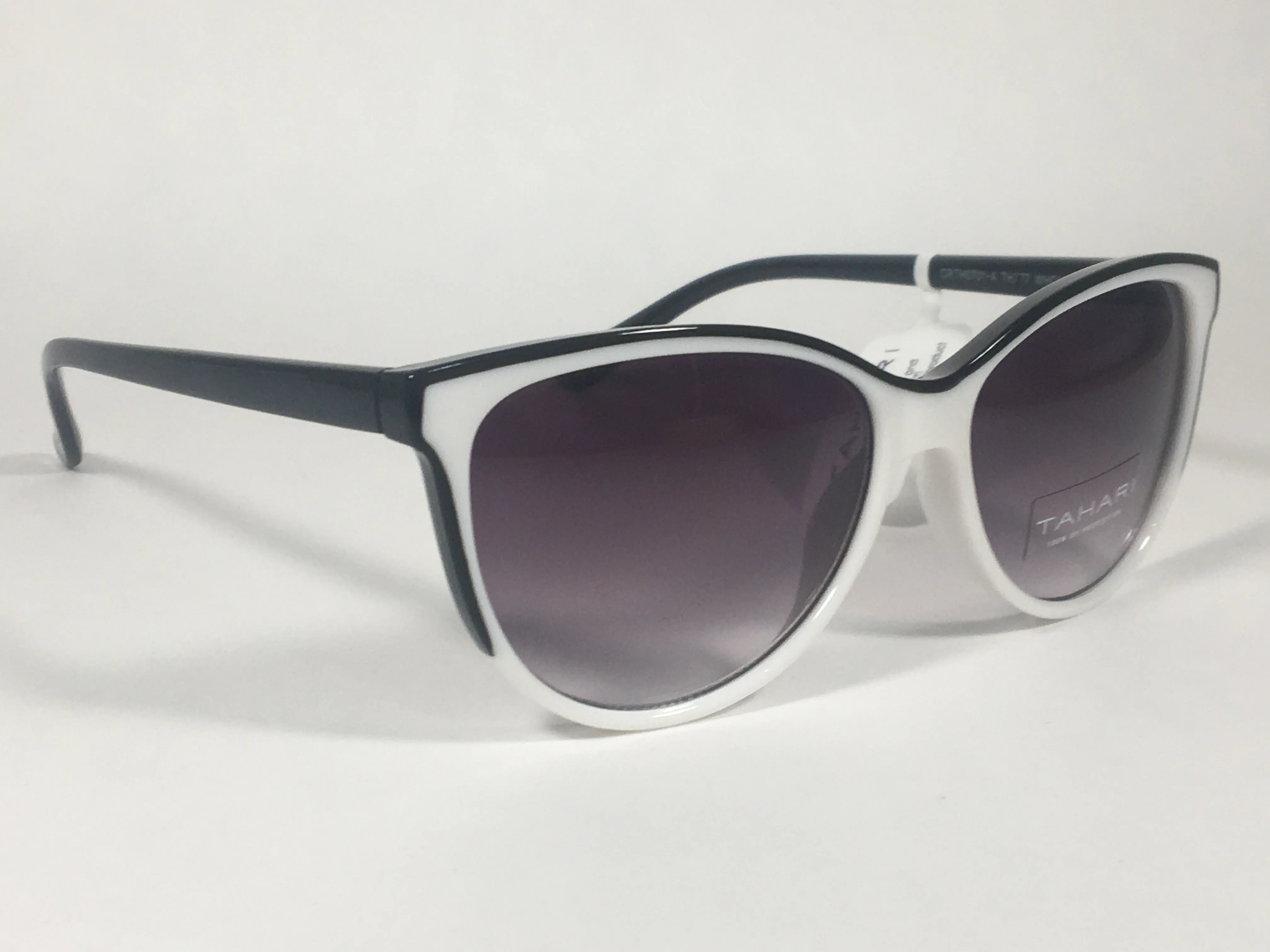 Tahari Cat Eye Sunglasses Two Tone Black White Smoke Gradient Lens TH777 WHOX