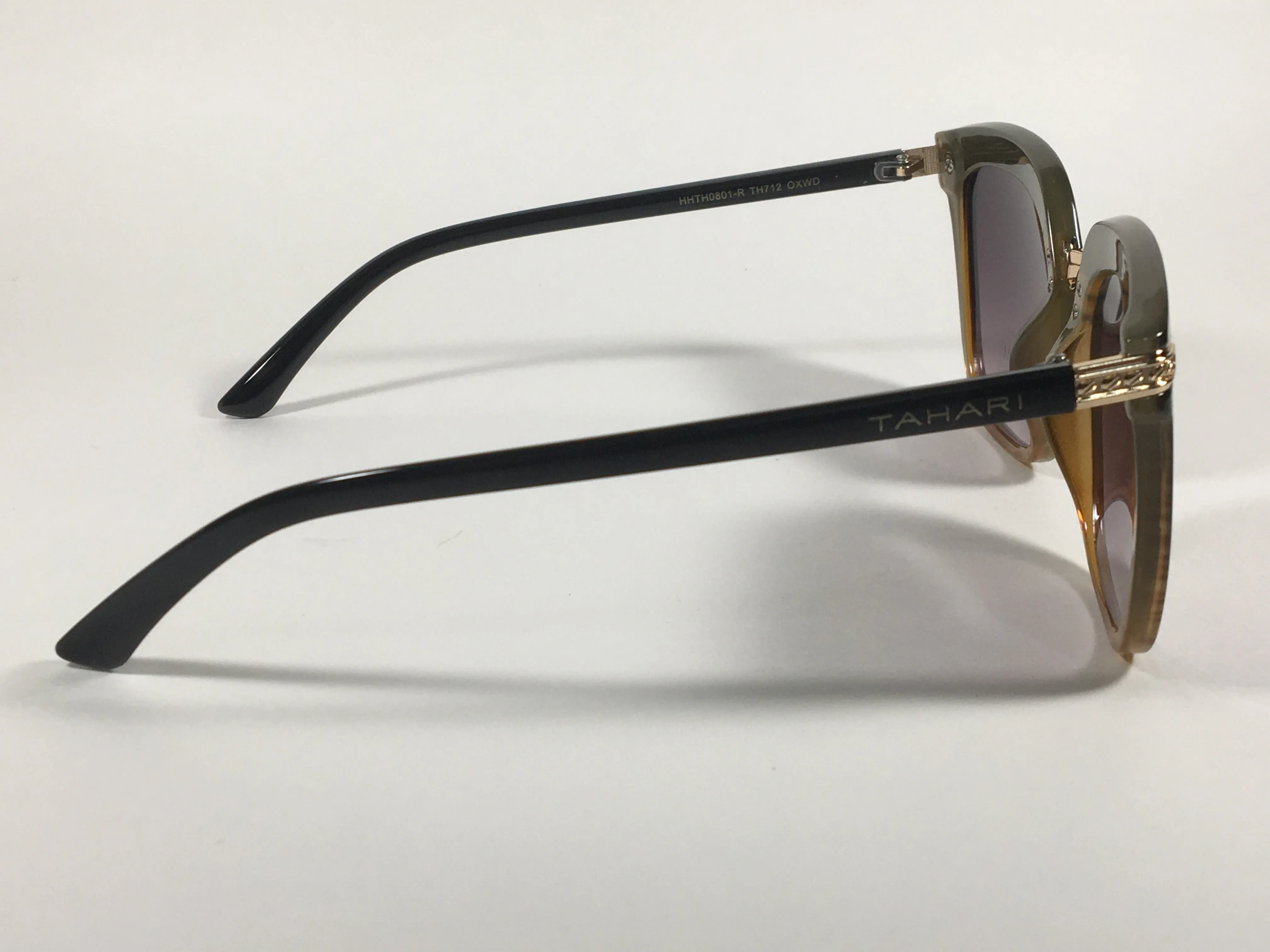 Tahari Large Cat Eye Sunglasses Black Brown Wood Plastic Frame Smoke Lens TH712 OXWD