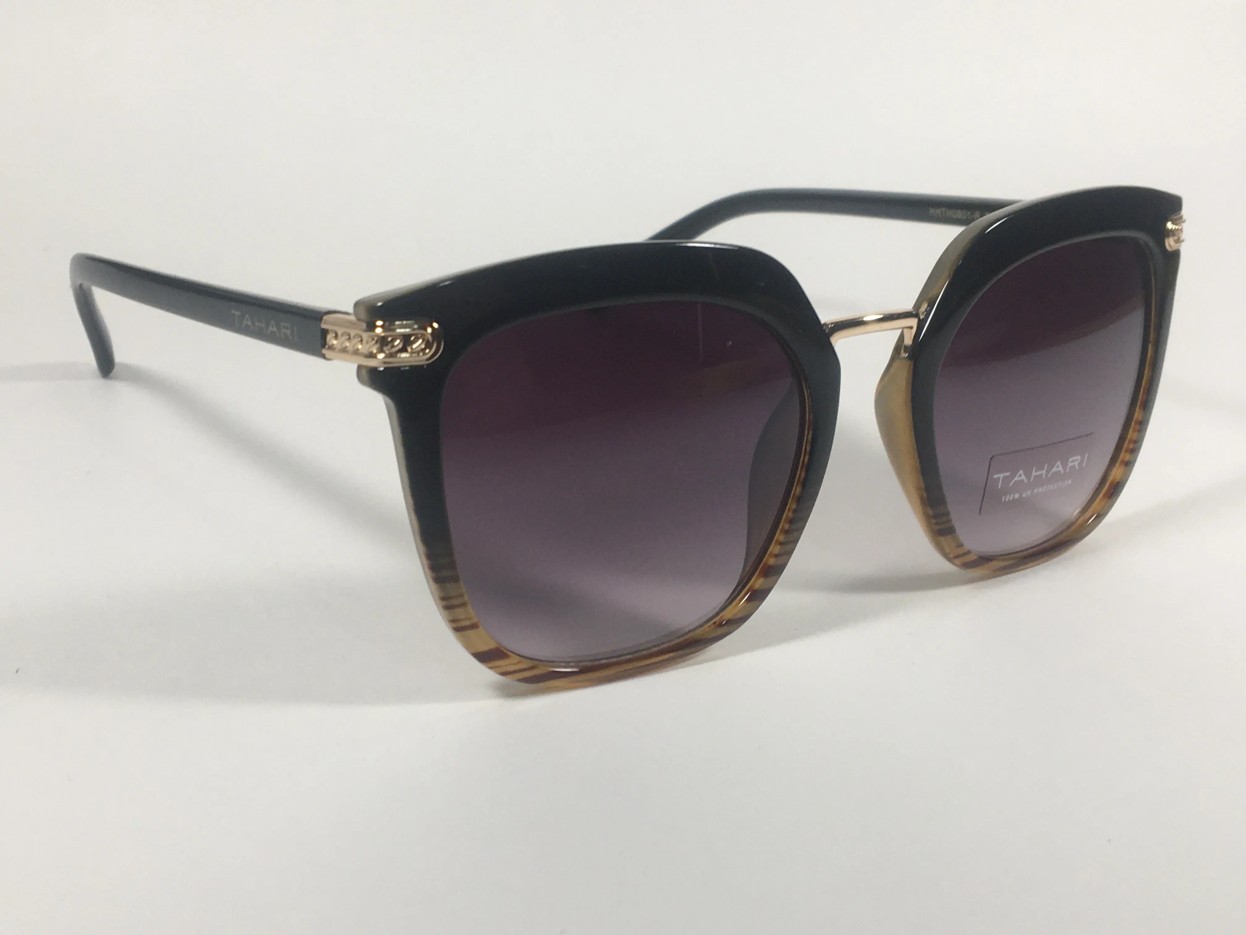 Tahari Large Cat Eye Sunglasses Black Brown Wood Plastic Frame Smoke Lens TH712 OXWD