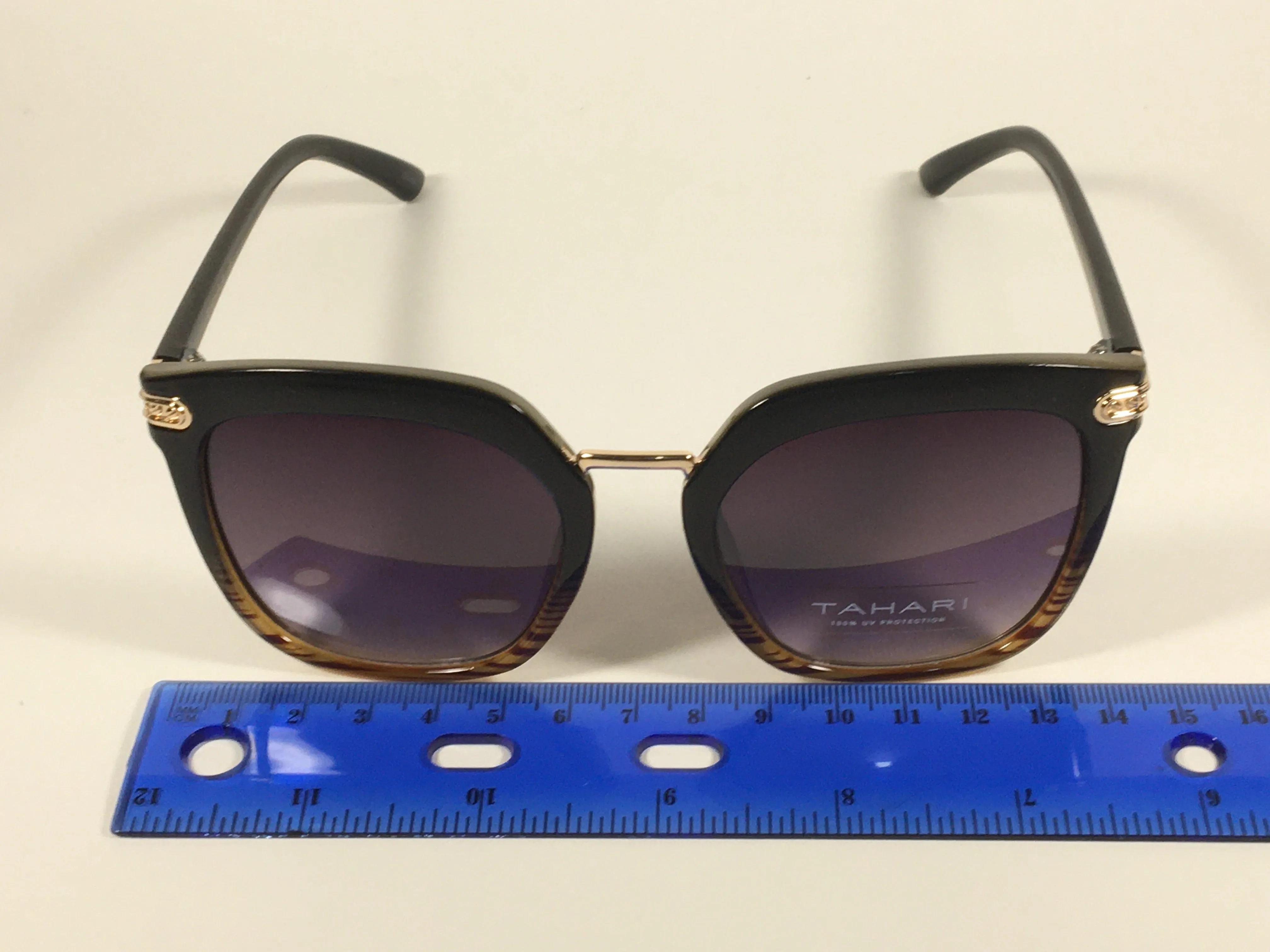 Tahari Large Cat Eye Sunglasses Black Brown Wood Plastic Frame Smoke Lens TH712 OXWD