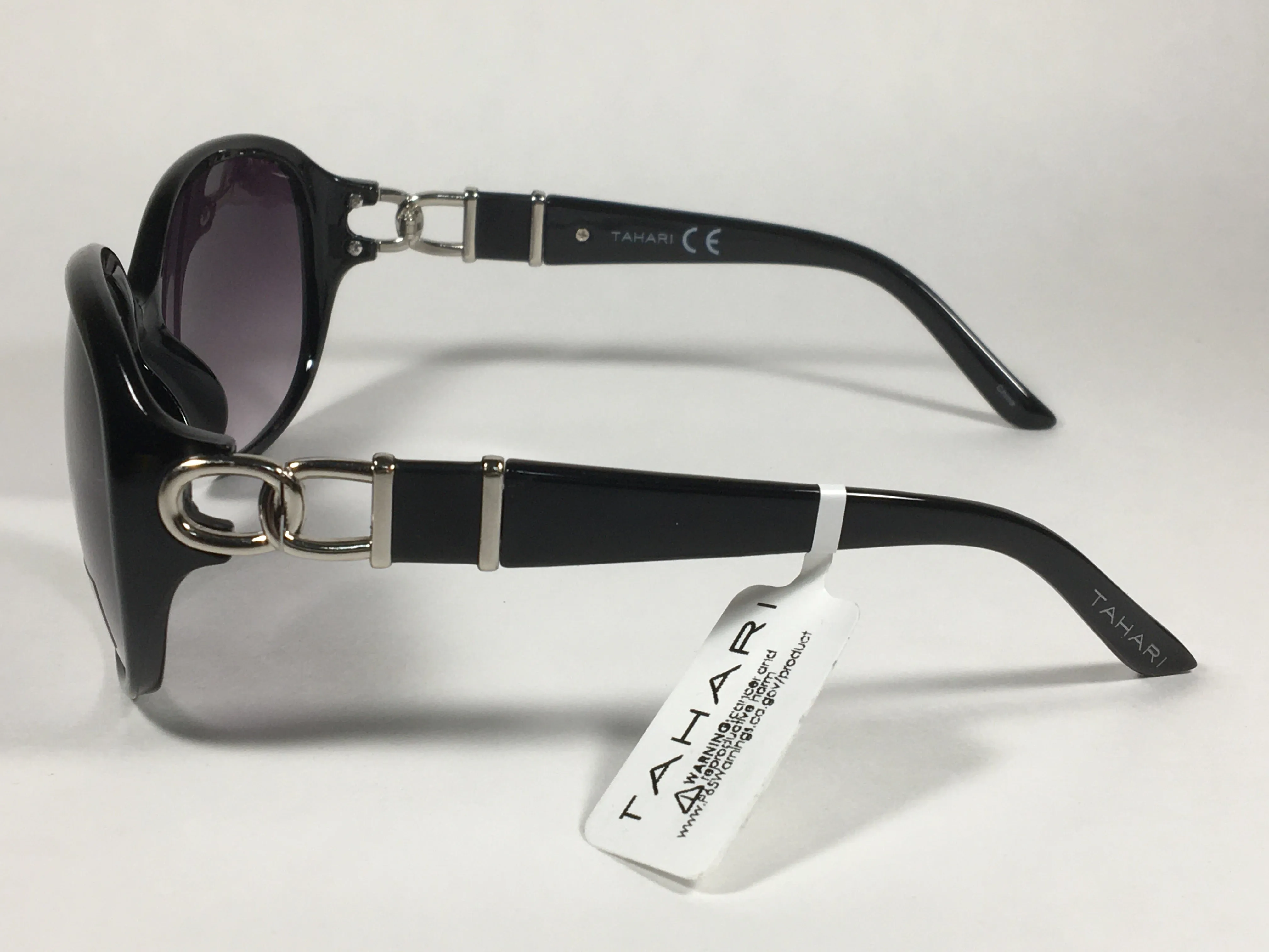 Tahari Large Oval Sunglasses Black Gloss And Silver Frame Smoke Gray Gradient Lens TH546 OX
