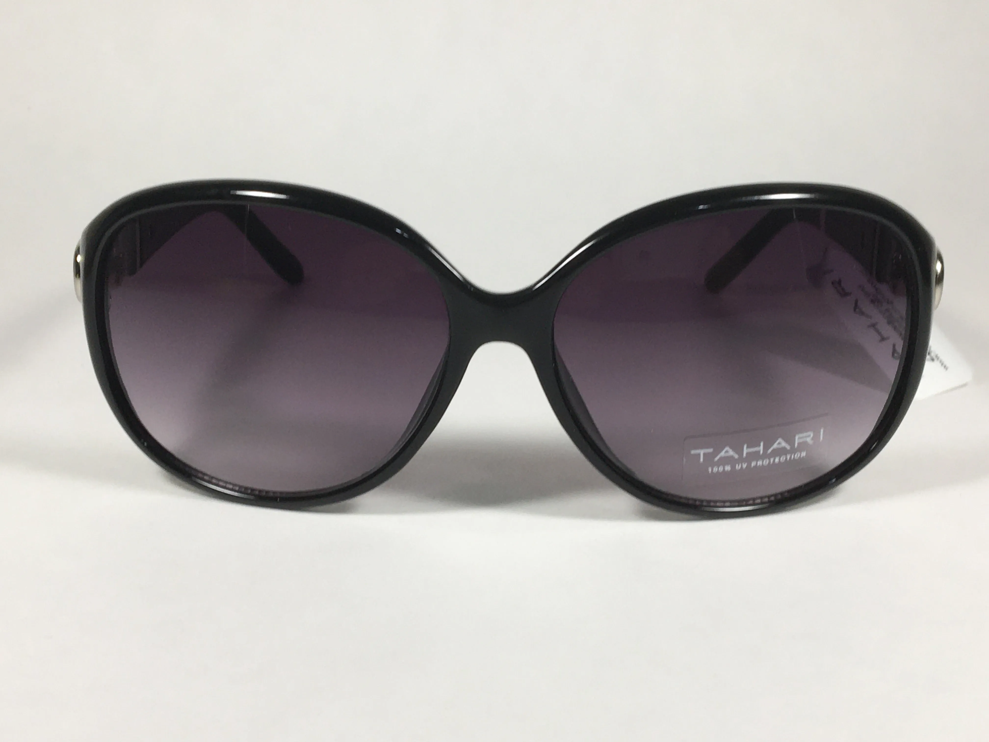 Tahari Large Oval Sunglasses Black Gloss And Silver Frame Smoke Gray Gradient Lens TH546 OX