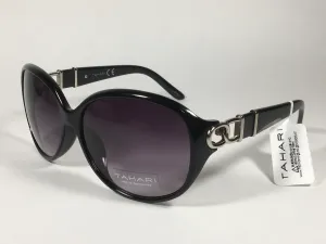 Tahari Large Oval Sunglasses Black Gloss And Silver Frame Smoke Gray Gradient Lens TH546 OX