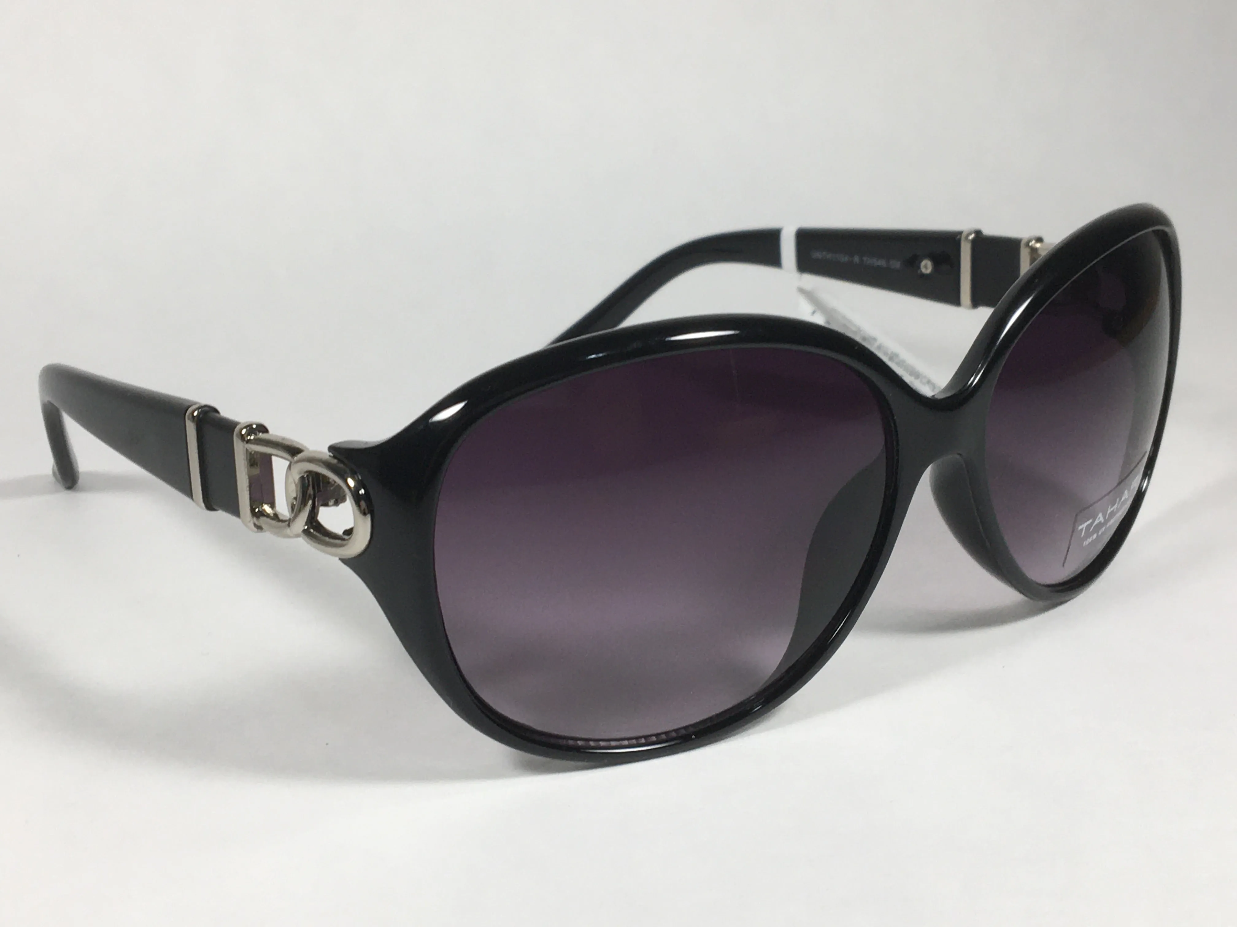 Tahari Large Oval Sunglasses Black Gloss And Silver Frame Smoke Gray Gradient Lens TH546 OX