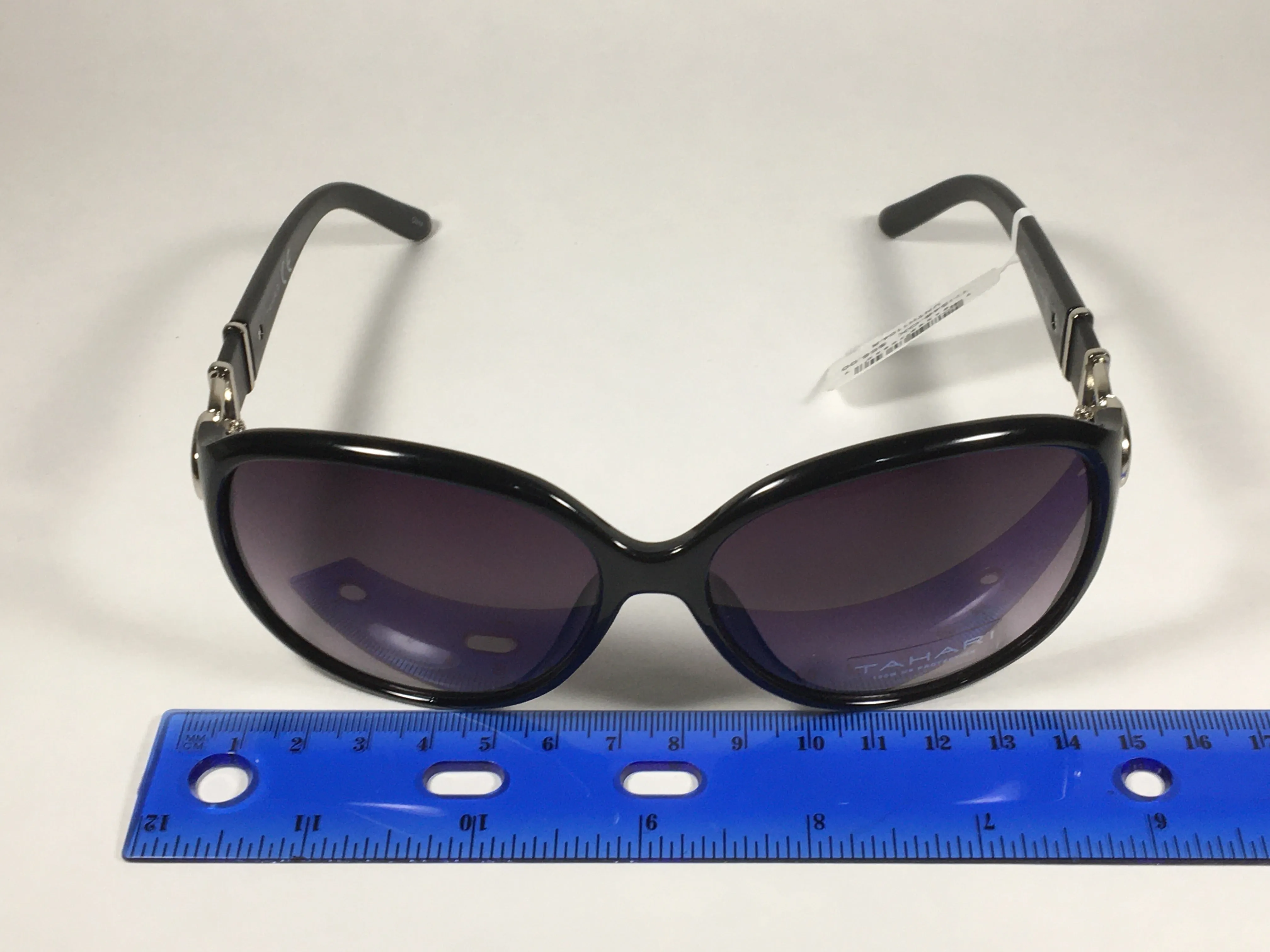 Tahari Large Oval Sunglasses Black Gloss And Silver Frame Smoke Gray Gradient Lens TH546 OX