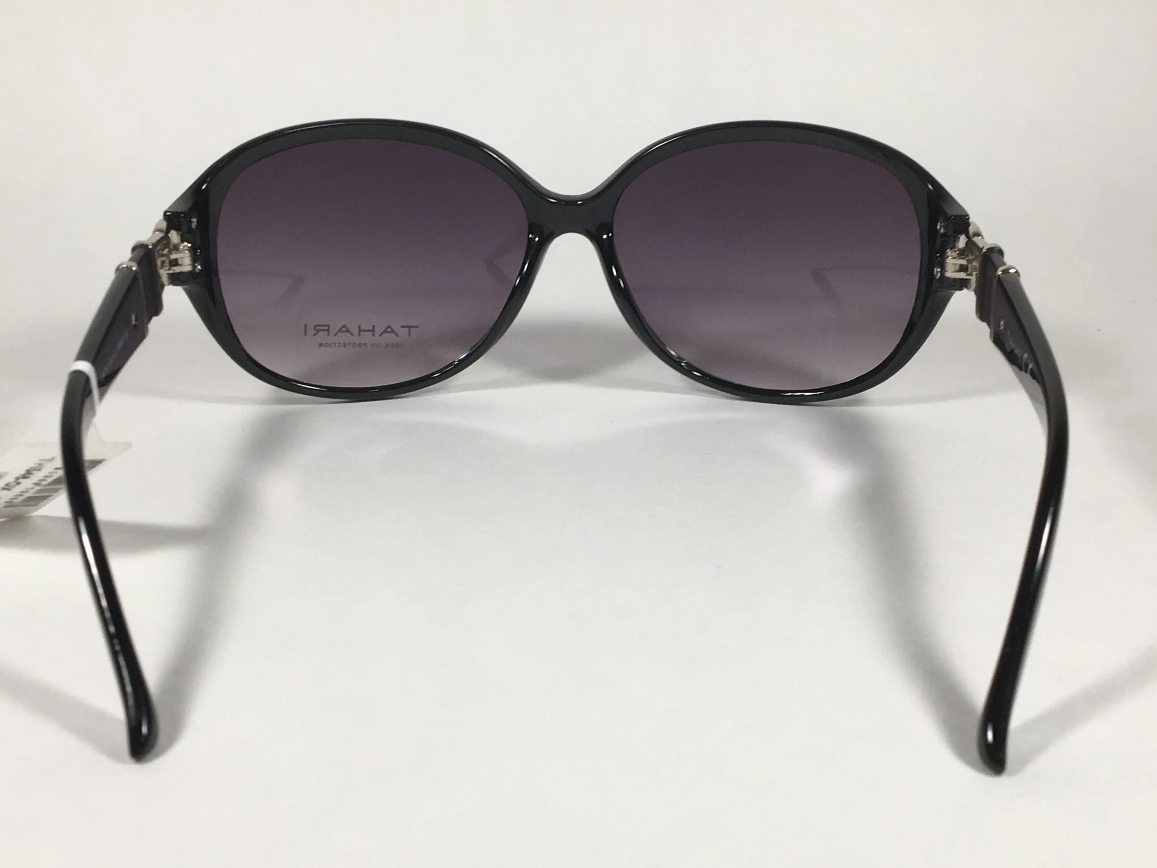 Tahari Large Oval Sunglasses Black Gloss And Silver Frame Smoke Gray Gradient Lens TH546 OX