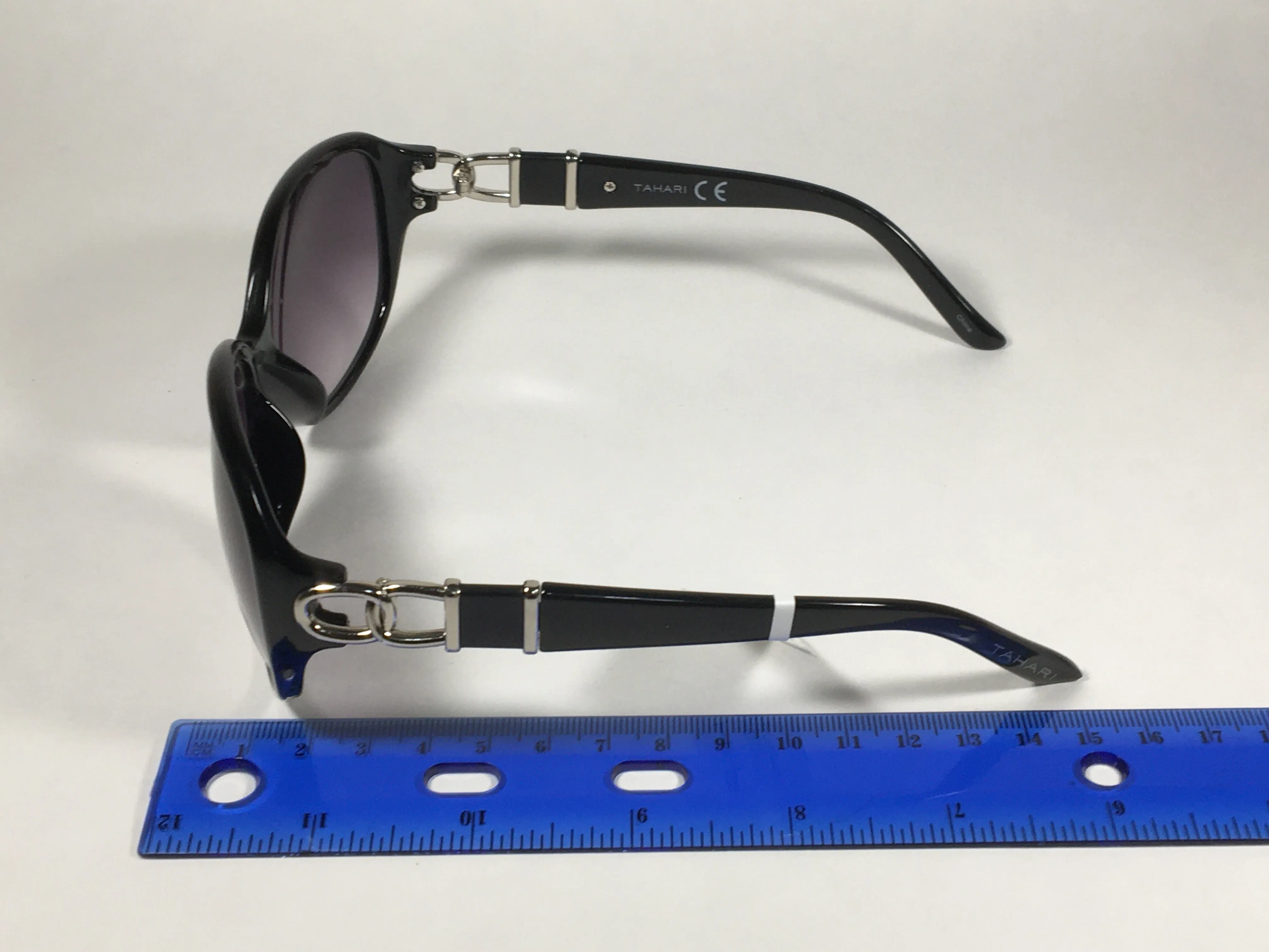 Tahari Large Oval Sunglasses Black Gloss And Silver Frame Smoke Gray Gradient Lens TH546 OX