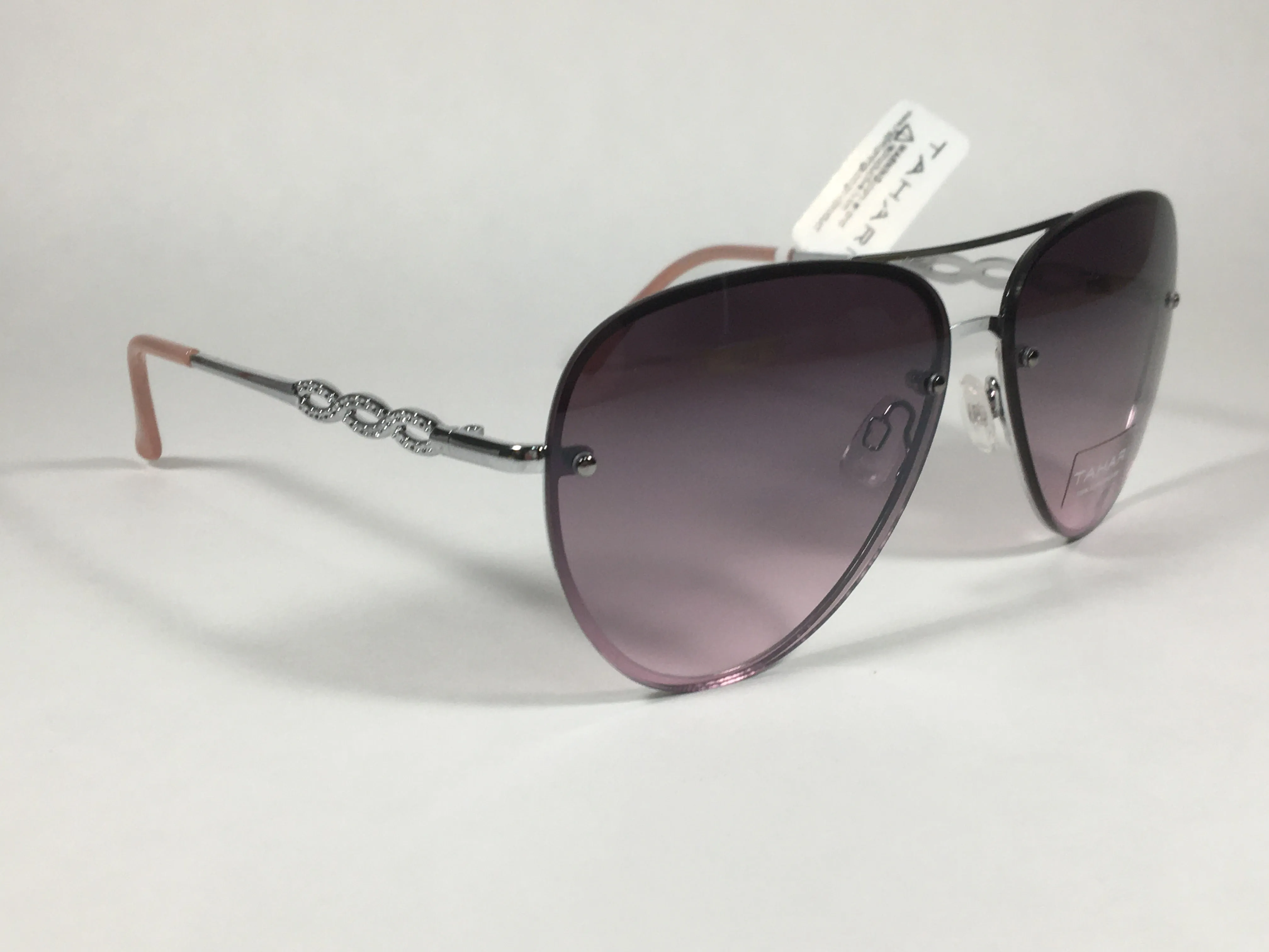 Tahari Rimless Aviator Sunglasses Silver Metal Rose Gradient Lens TH789 SLVRS