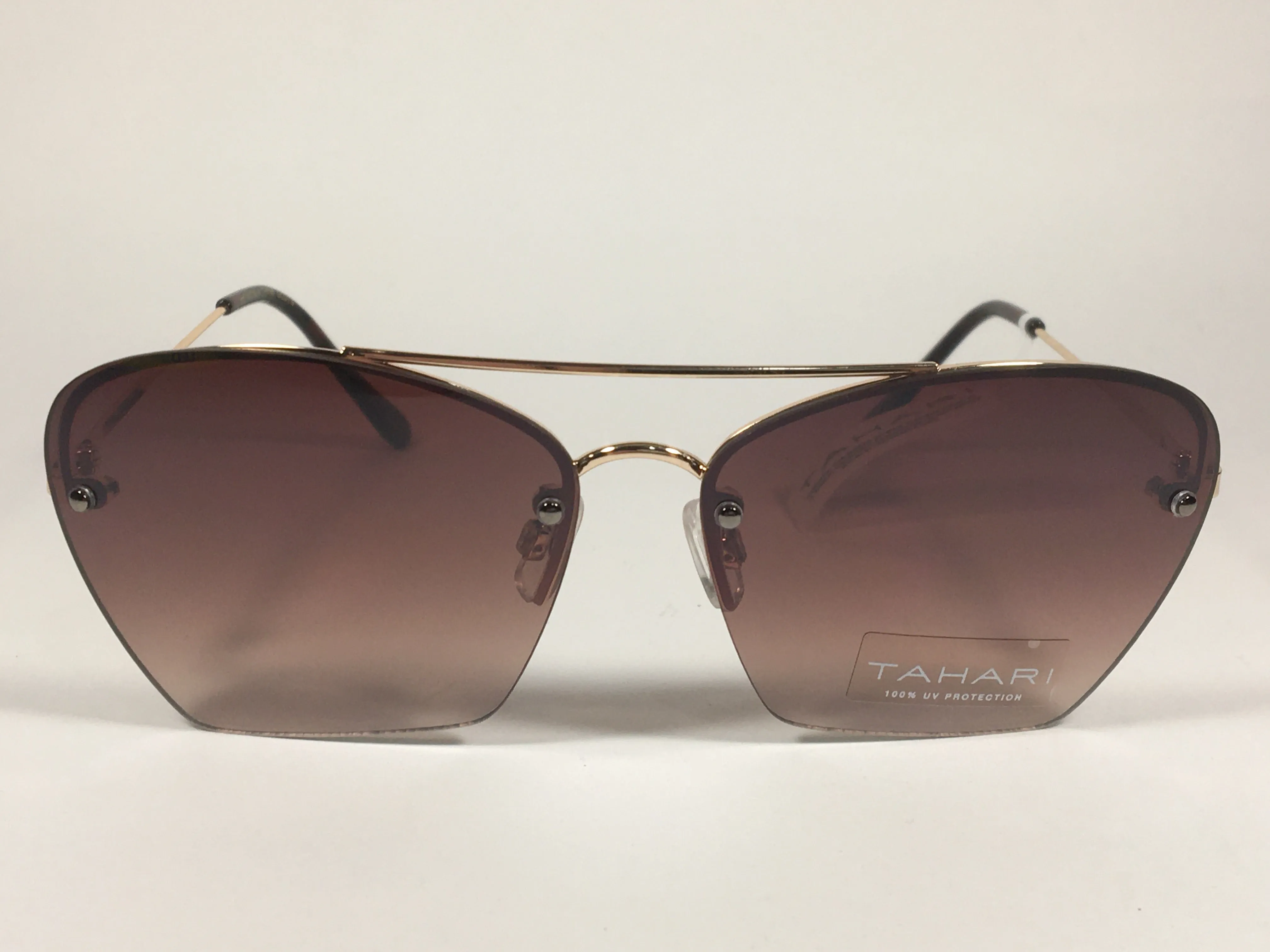 Tahari Rimless Cat Eye Sunglasses Brown Tortoise And Gold Frame Brown Gradient Lens TH698 GLDTS