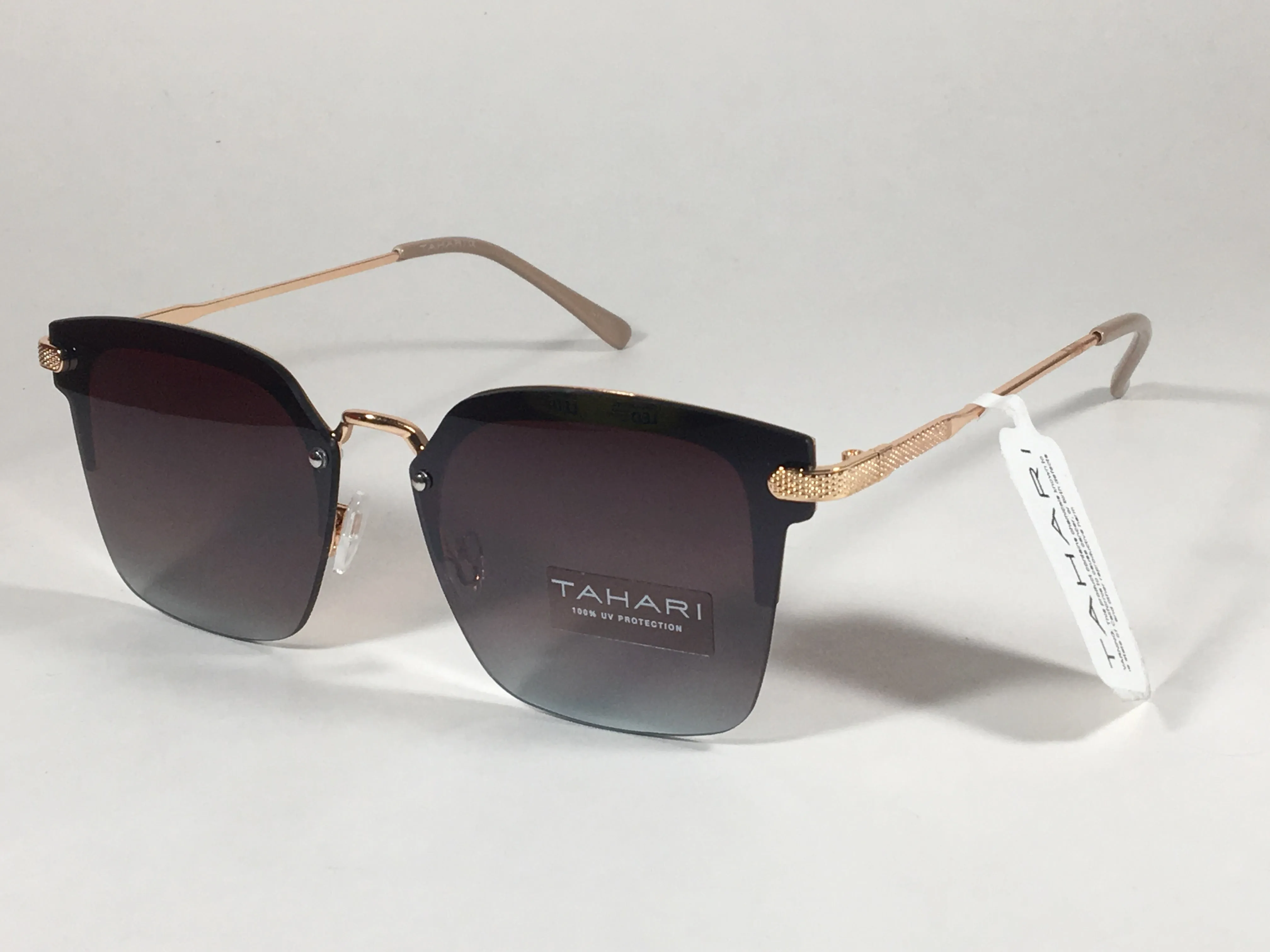 Tahari Rimless Square Sunglasses Rose Gold Nude Brown Gradient Lens TH697 RGDND
