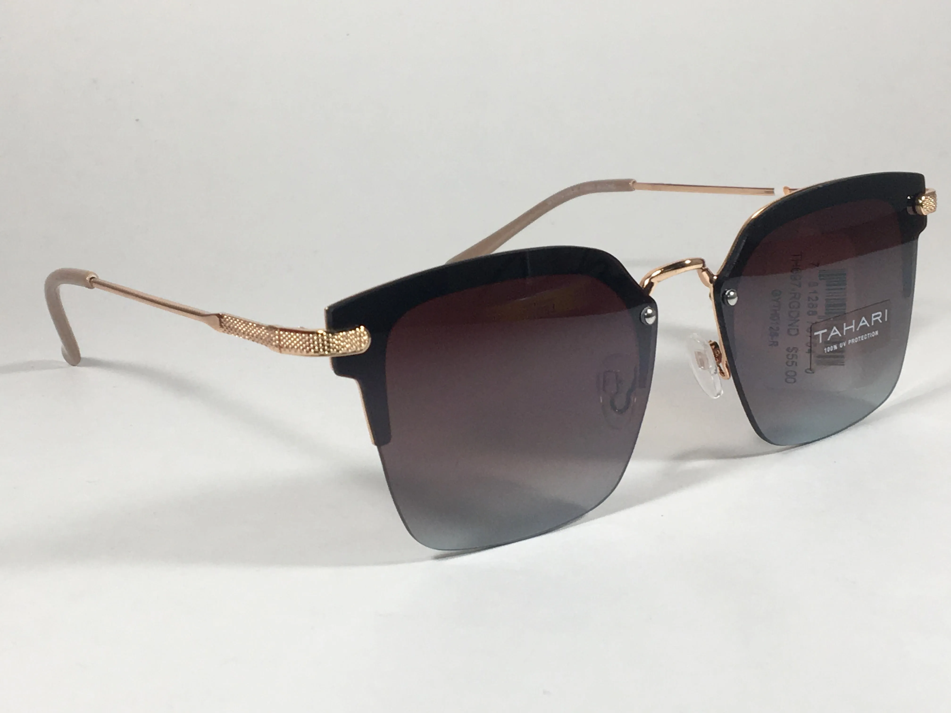 Tahari Rimless Square Sunglasses Rose Gold Nude Brown Gradient Lens TH697 RGDND
