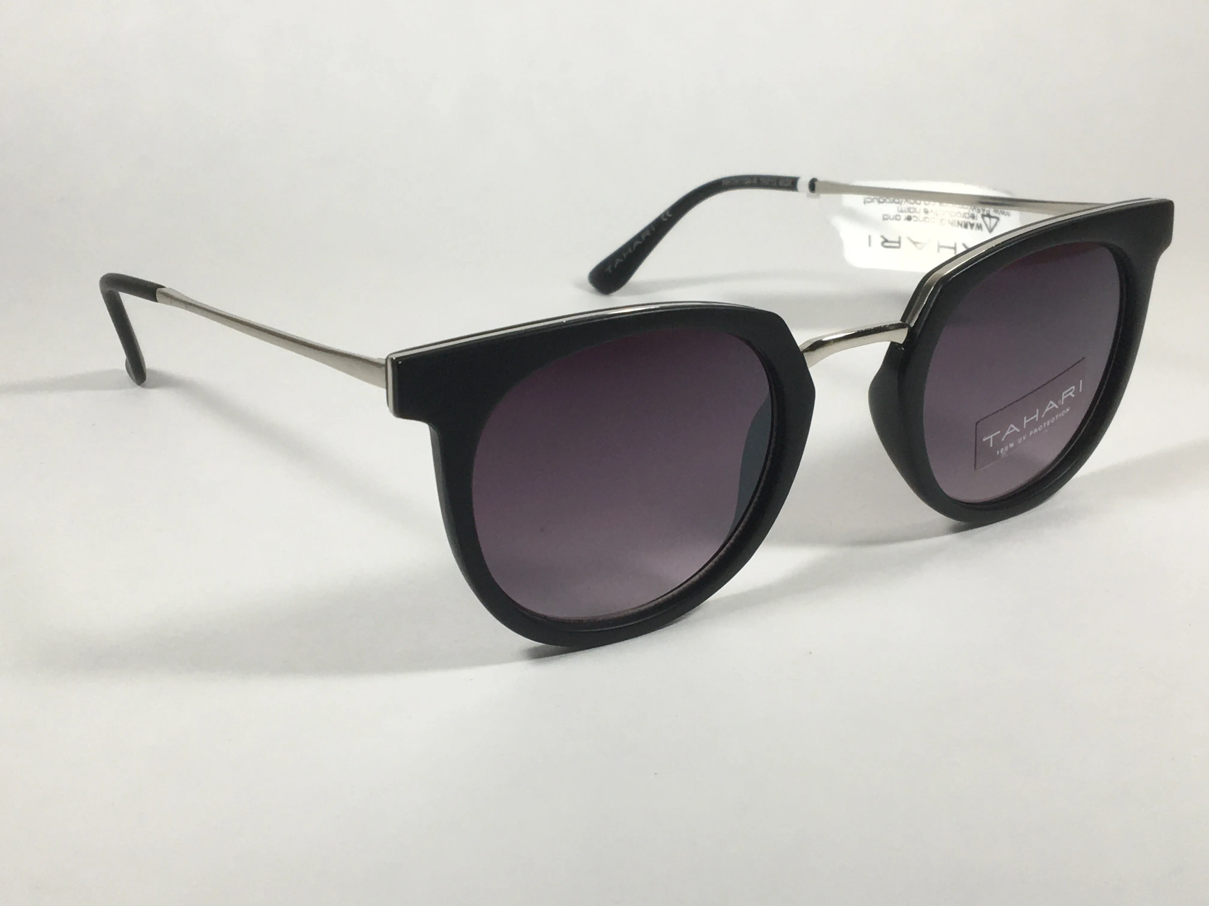 Tahari Round Sunglasses Matte Black Silver Frame Gray Gradient Lens TH713 MOX