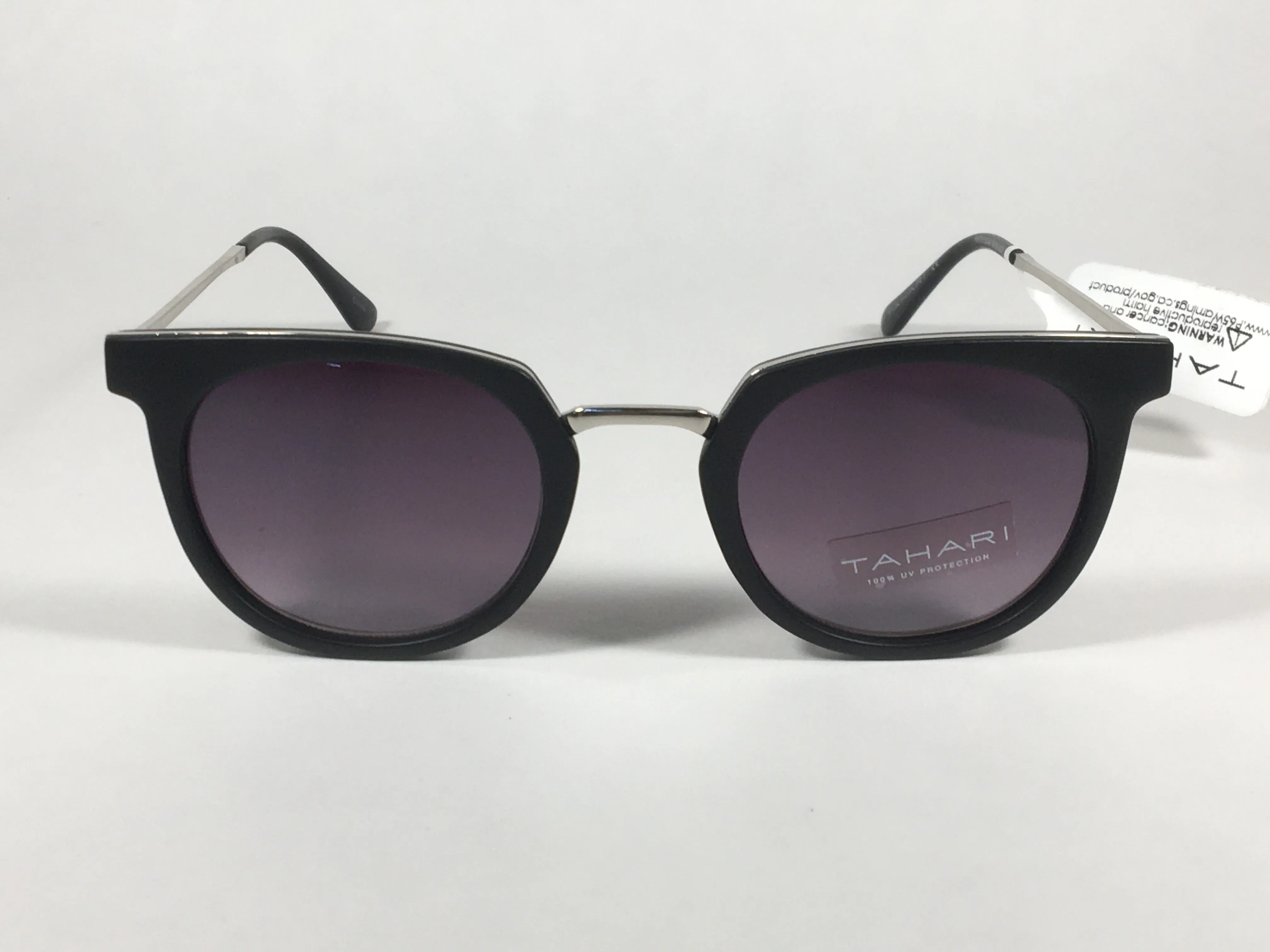 Tahari Round Sunglasses Matte Black Silver Frame Gray Gradient Lens TH713 MOX