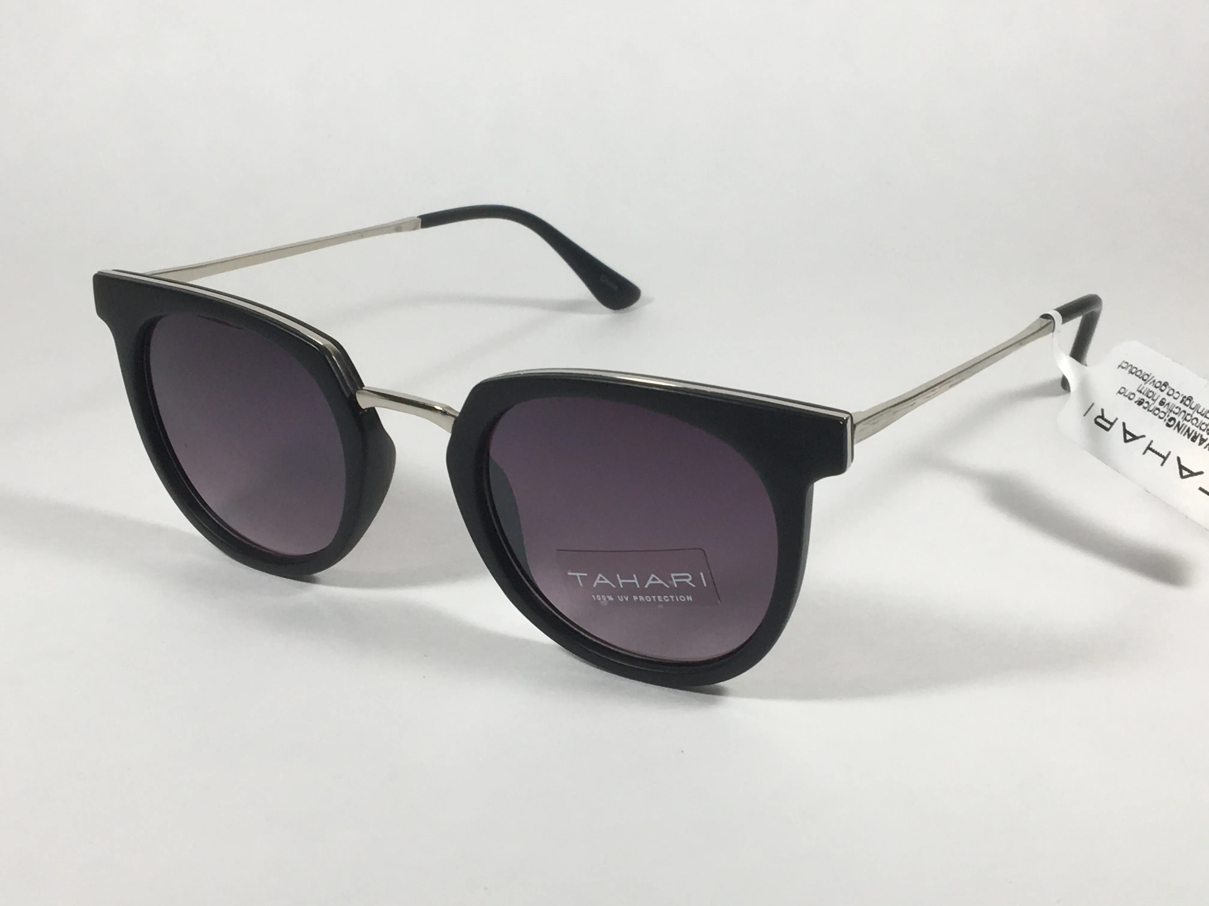 Tahari Round Sunglasses Matte Black Silver Frame Gray Gradient Lens TH713 MOX