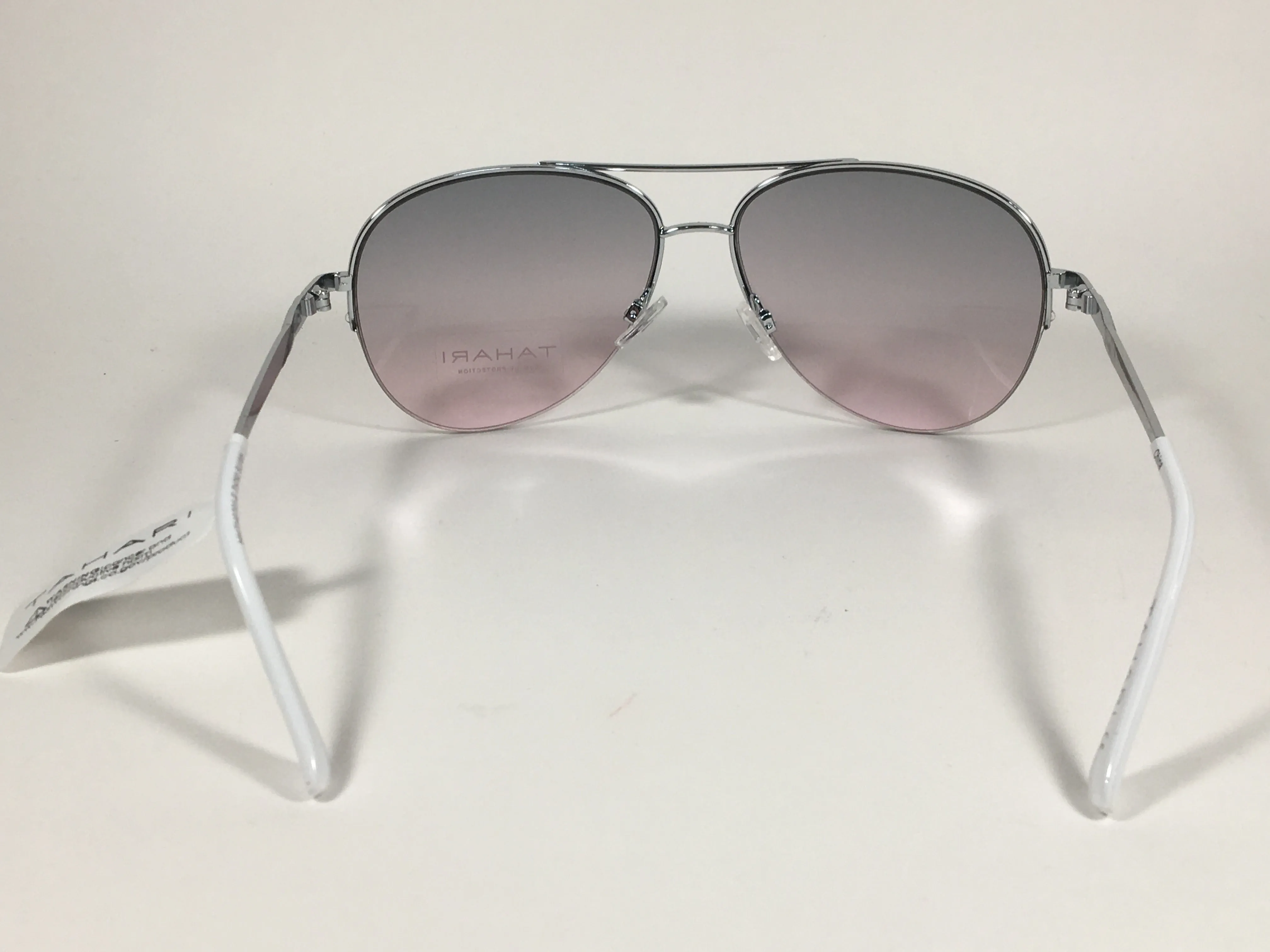 Tahari Semi Rimless Aviator Sunglasses Silver White Frame Gray Pink Gradient Lens TH792 SLVWH