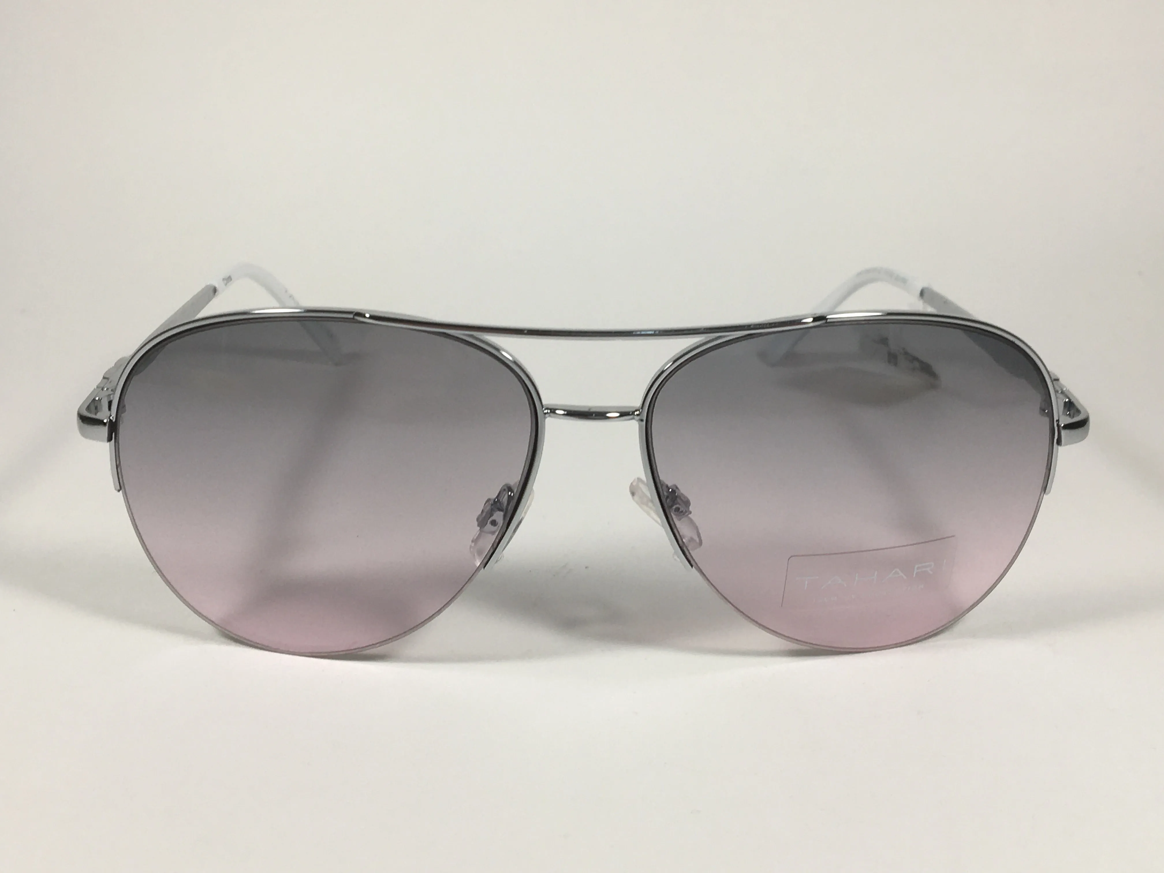 Tahari Semi Rimless Aviator Sunglasses Silver White Frame Gray Pink Gradient Lens TH792 SLVWH