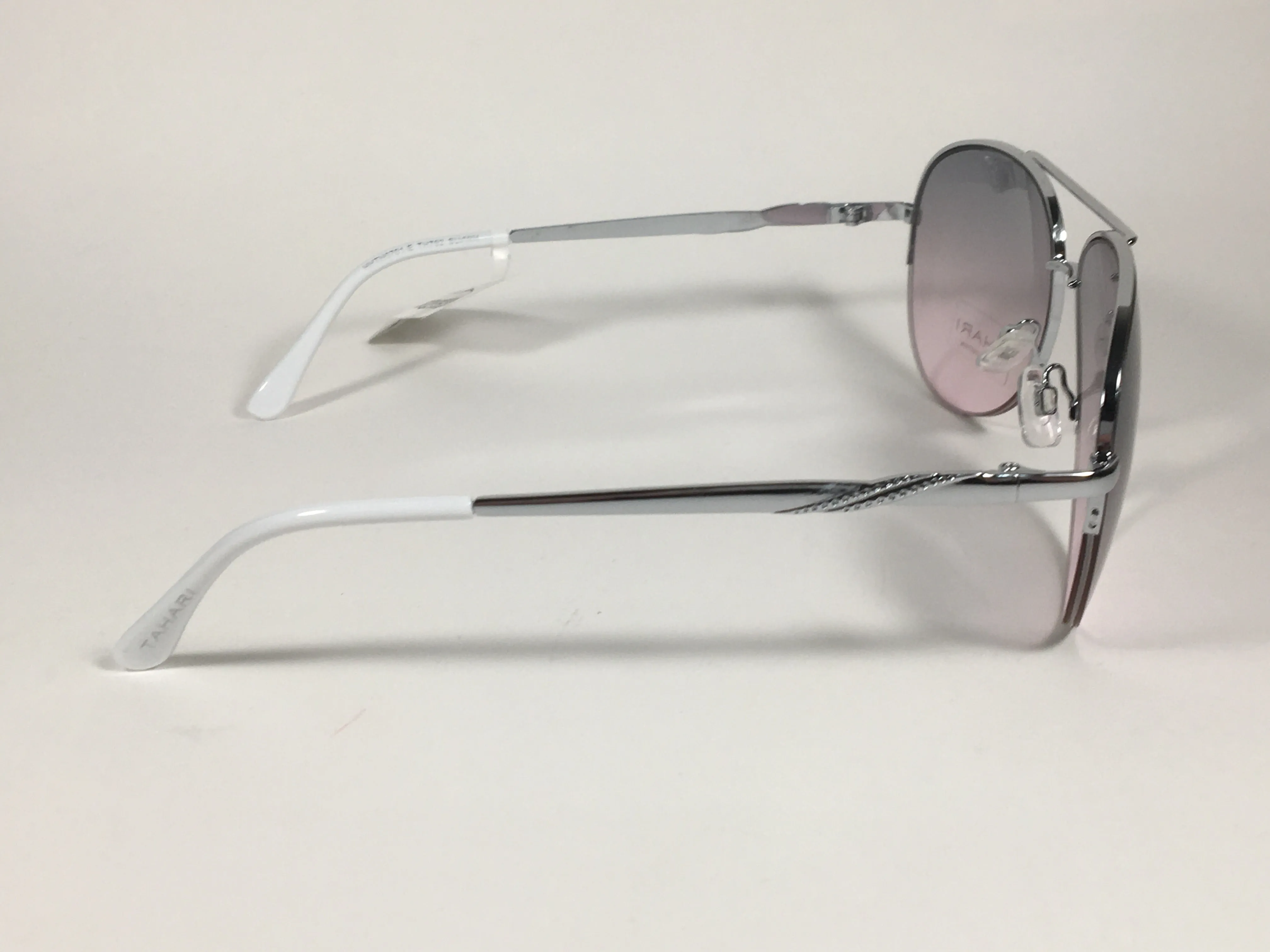 Tahari Semi Rimless Aviator Sunglasses Silver White Frame Gray Pink Gradient Lens TH792 SLVWH