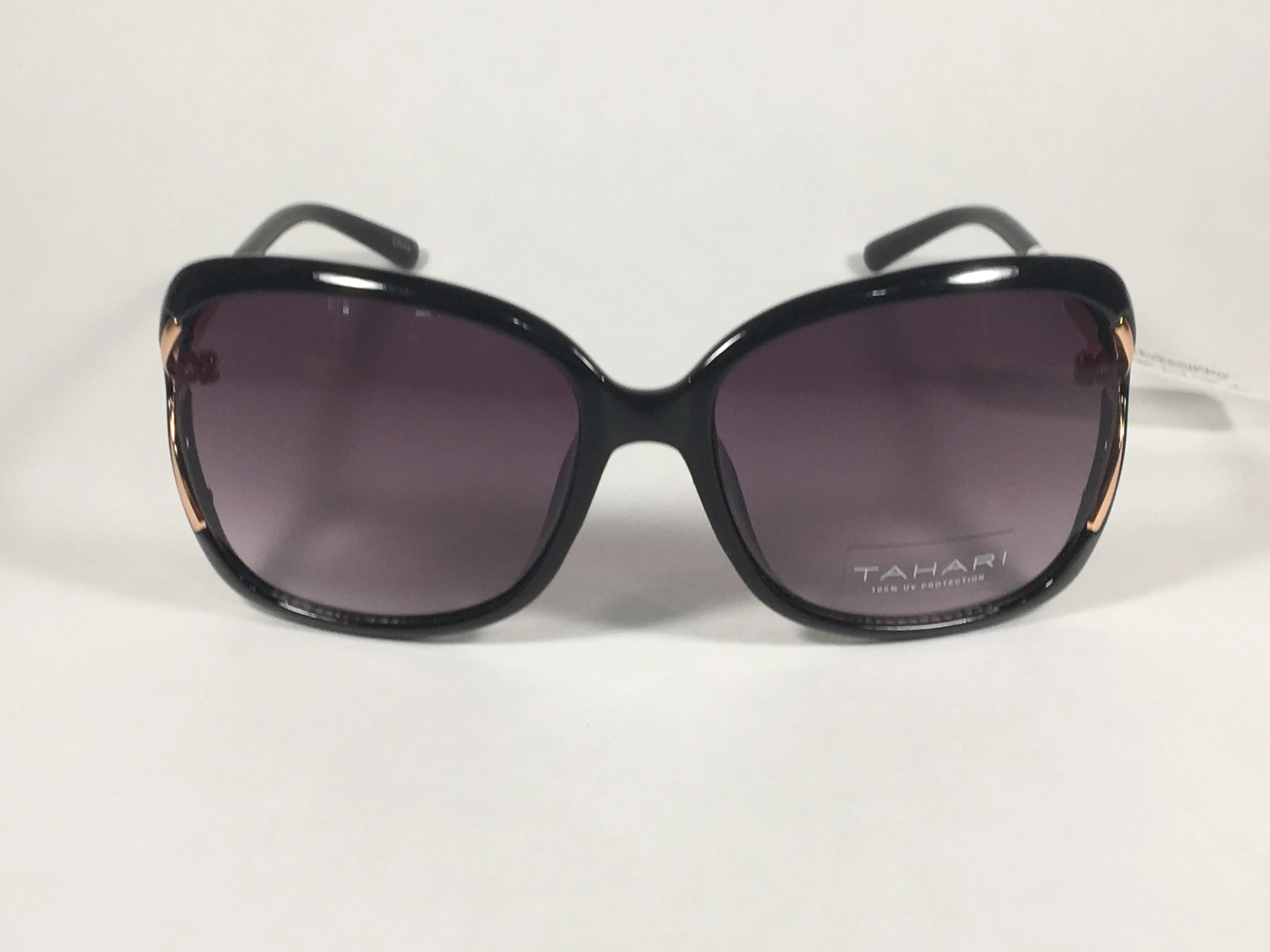 Tahari Vented Butterfly Sunglasses Black Gloss Rose Gold Frame Smoke Gray Gradient Lens TH776 OX