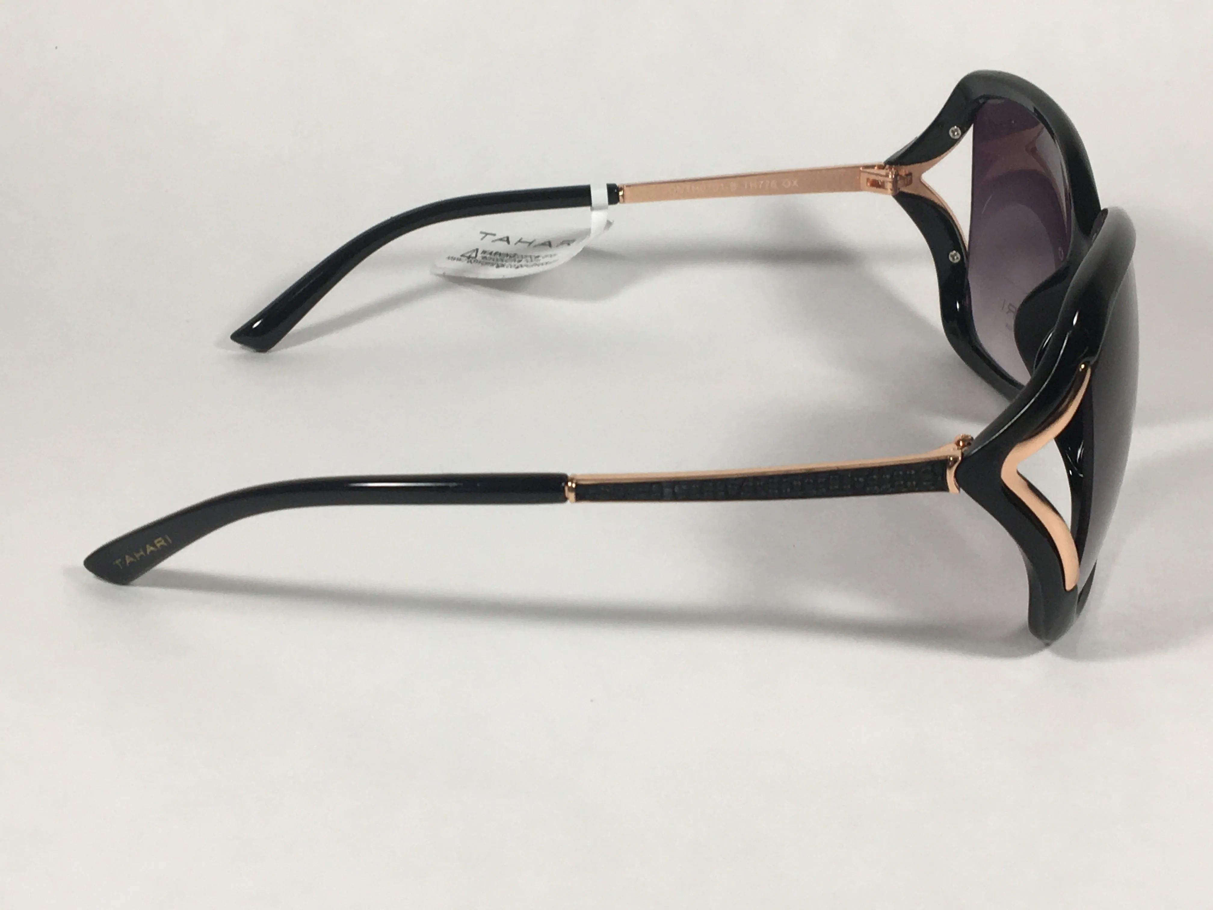 Tahari Vented Butterfly Sunglasses Black Gloss Rose Gold Frame Smoke Gray Gradient Lens TH776 OX