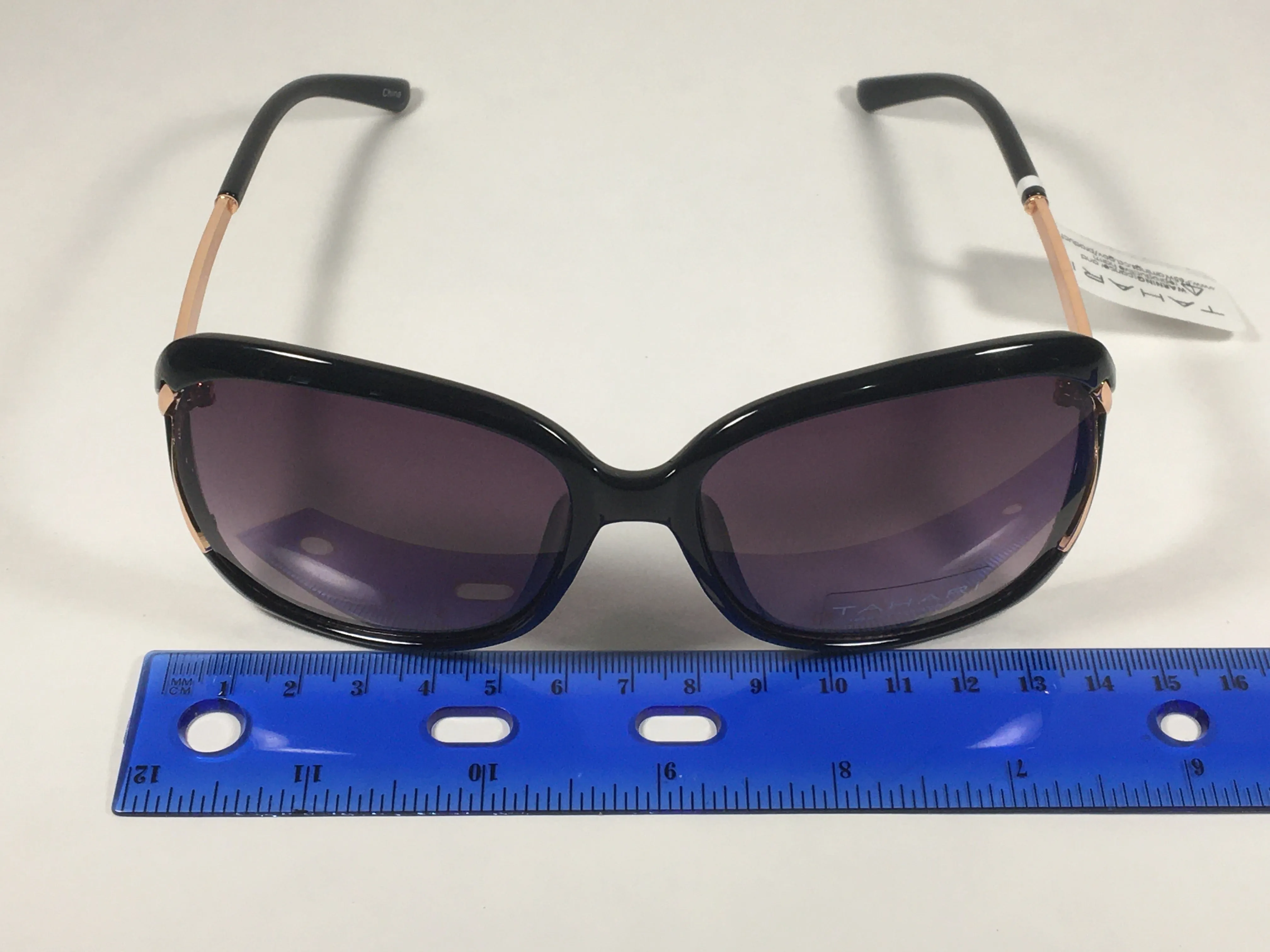 Tahari Vented Butterfly Sunglasses Black Gloss Rose Gold Frame Smoke Gray Gradient Lens TH776 OX