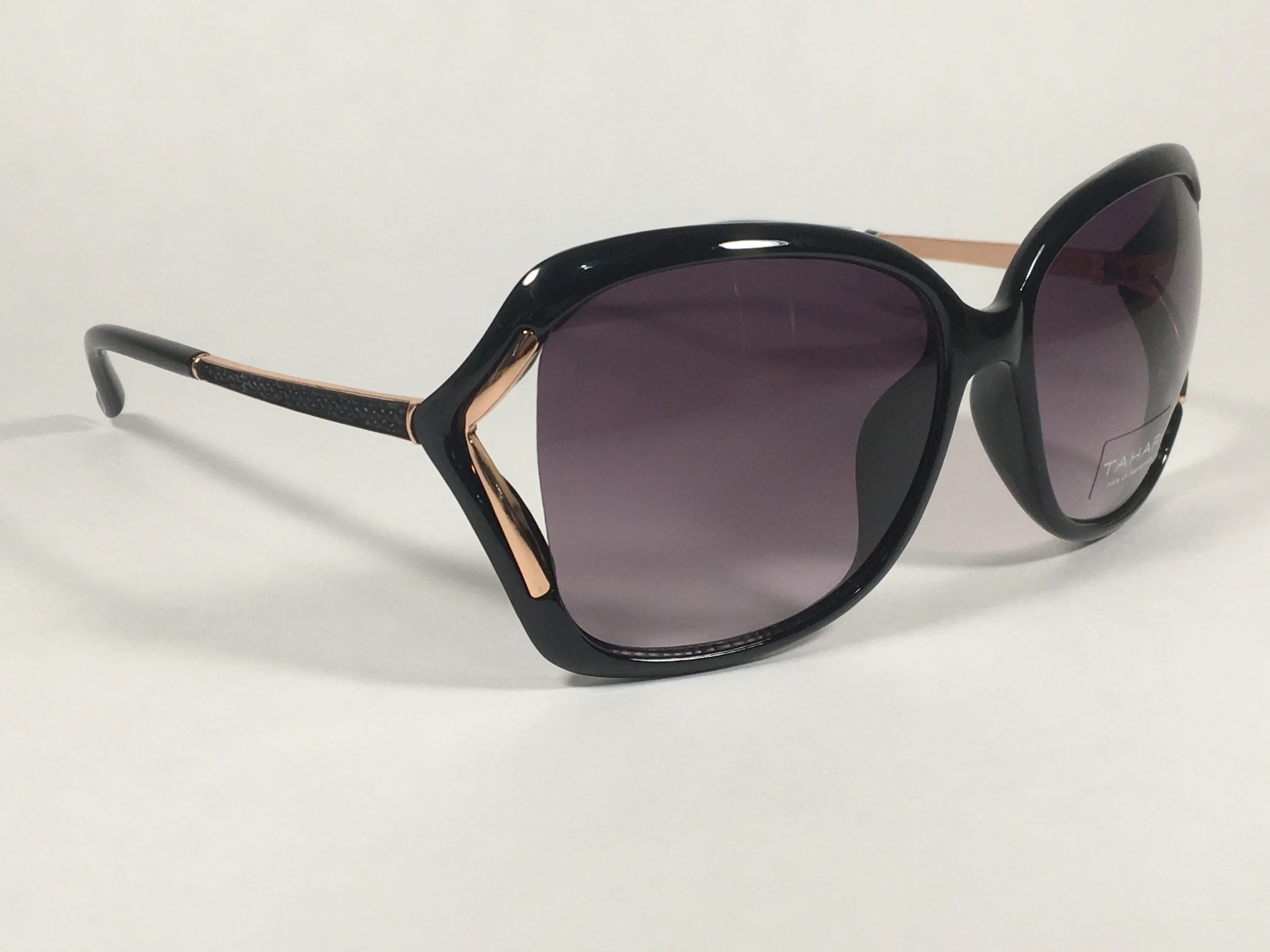 Tahari Vented Butterfly Sunglasses Black Gloss Rose Gold Frame Smoke Gray Gradient Lens TH776 OX
