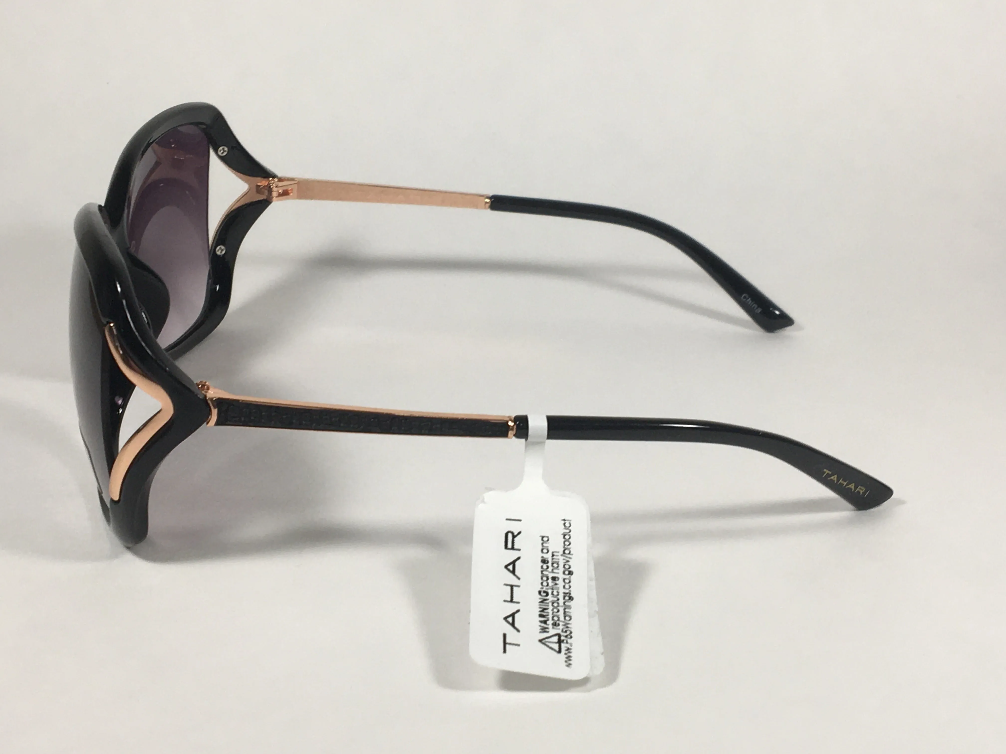 Tahari Vented Butterfly Sunglasses Black Gloss Rose Gold Frame Smoke Gray Gradient Lens TH776 OX