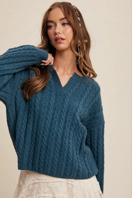 Teal Green Classic V-Neck Cable Knit Sweater