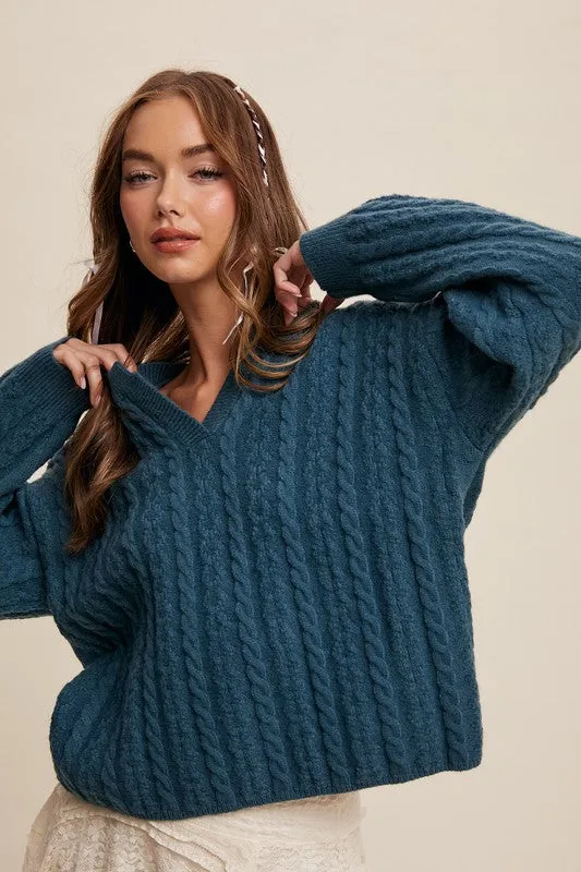 Teal Green Classic V-Neck Cable Knit Sweater